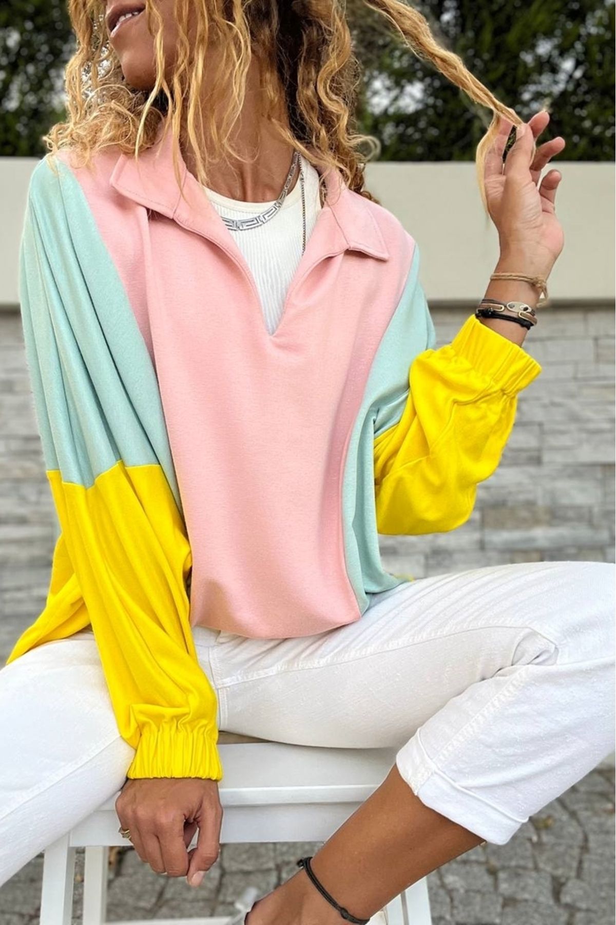 Güneşkızı Kadın Pudra-Mint Polo Yaka Yarasa Kol Color Block Salaş Sweatshirt Bst3473