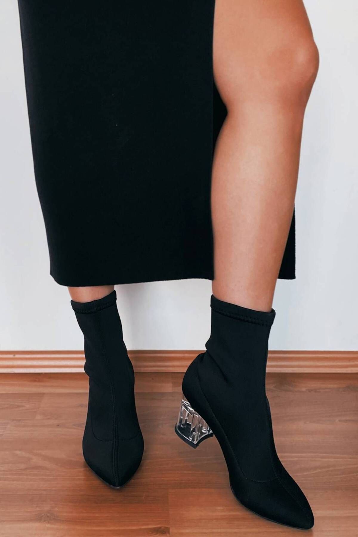 GULT Kadın Çorap Çizme Bot Esnek Dalgıç Kumaşı Şeffaf Topuklu