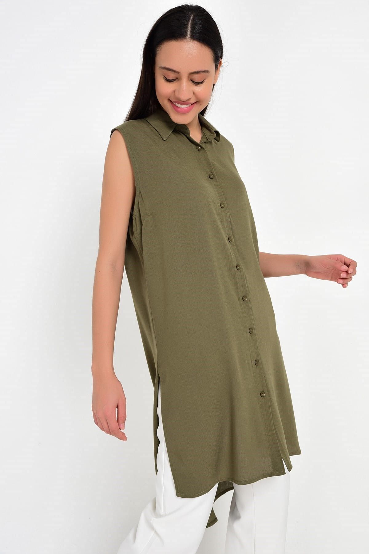 Cotton Mood 9202027 Şile Bezi Eteği Yırtmaçlı Kolsuz Uzun Gömlek Elbise Hakı
