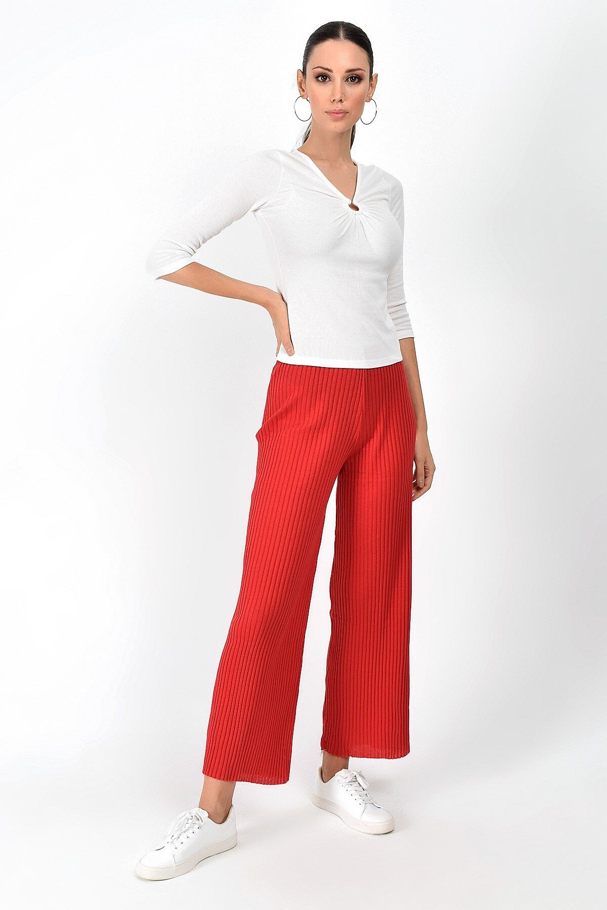 Cotton Mood 9360793 Kalın Fitilli Beli Lastikli Uzun Pantolon Kırmızı