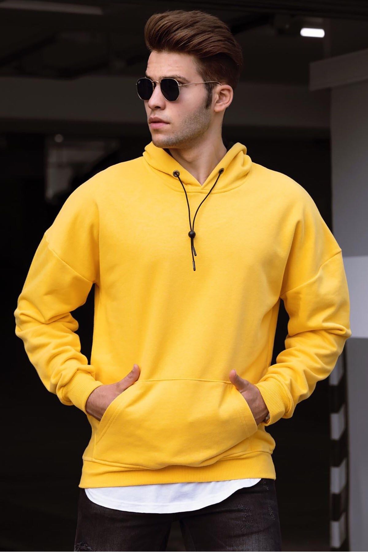 Madmext Basic Sarı Erkek Kapüşonlu Sweatshirt 4764