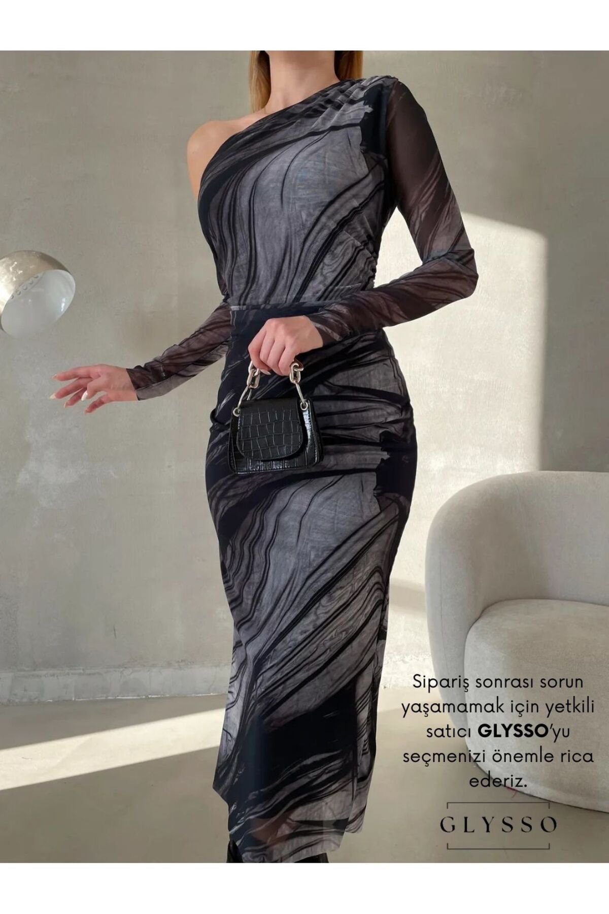 Glysso Tek Omuz Transparan Detaylı Drapeli Mermer Desenli Gri Siyah Tül Elbise
