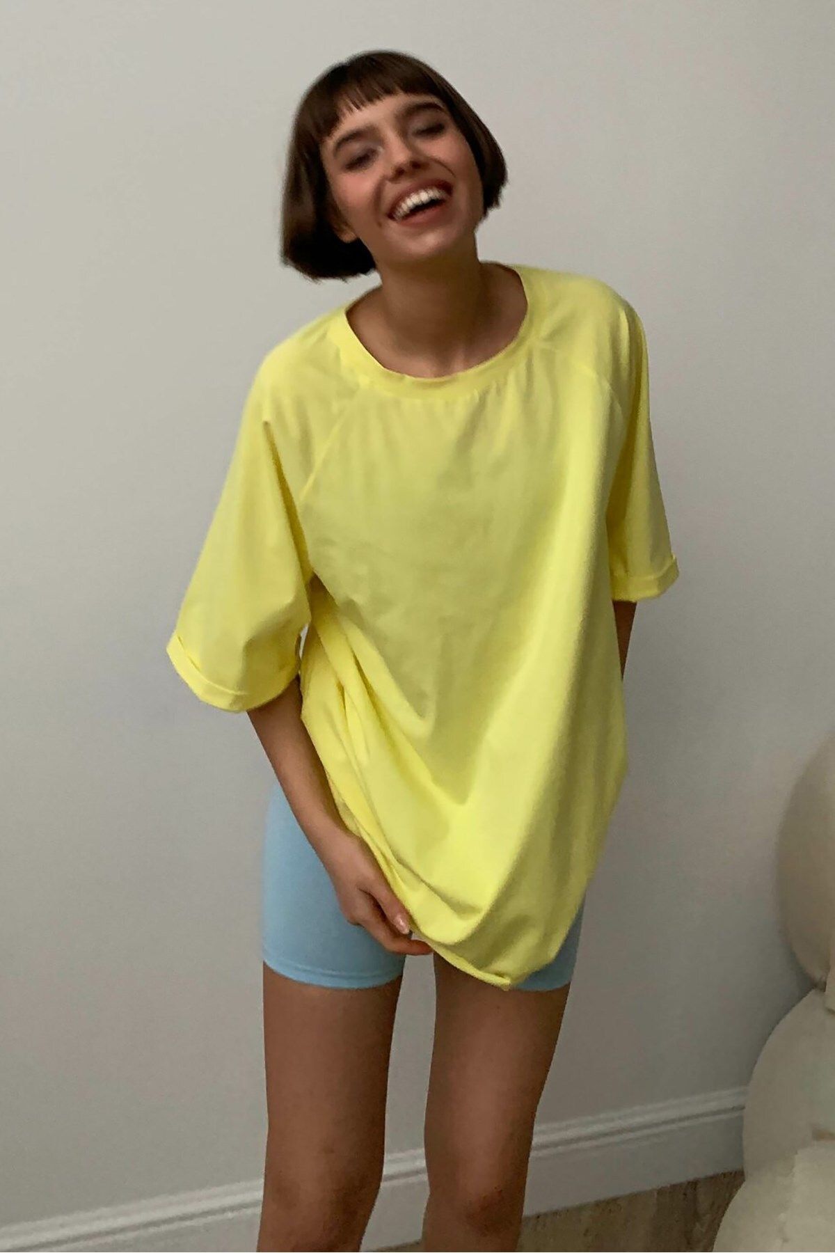 Madmext Sarı Oversize Basic Kadın Tişört