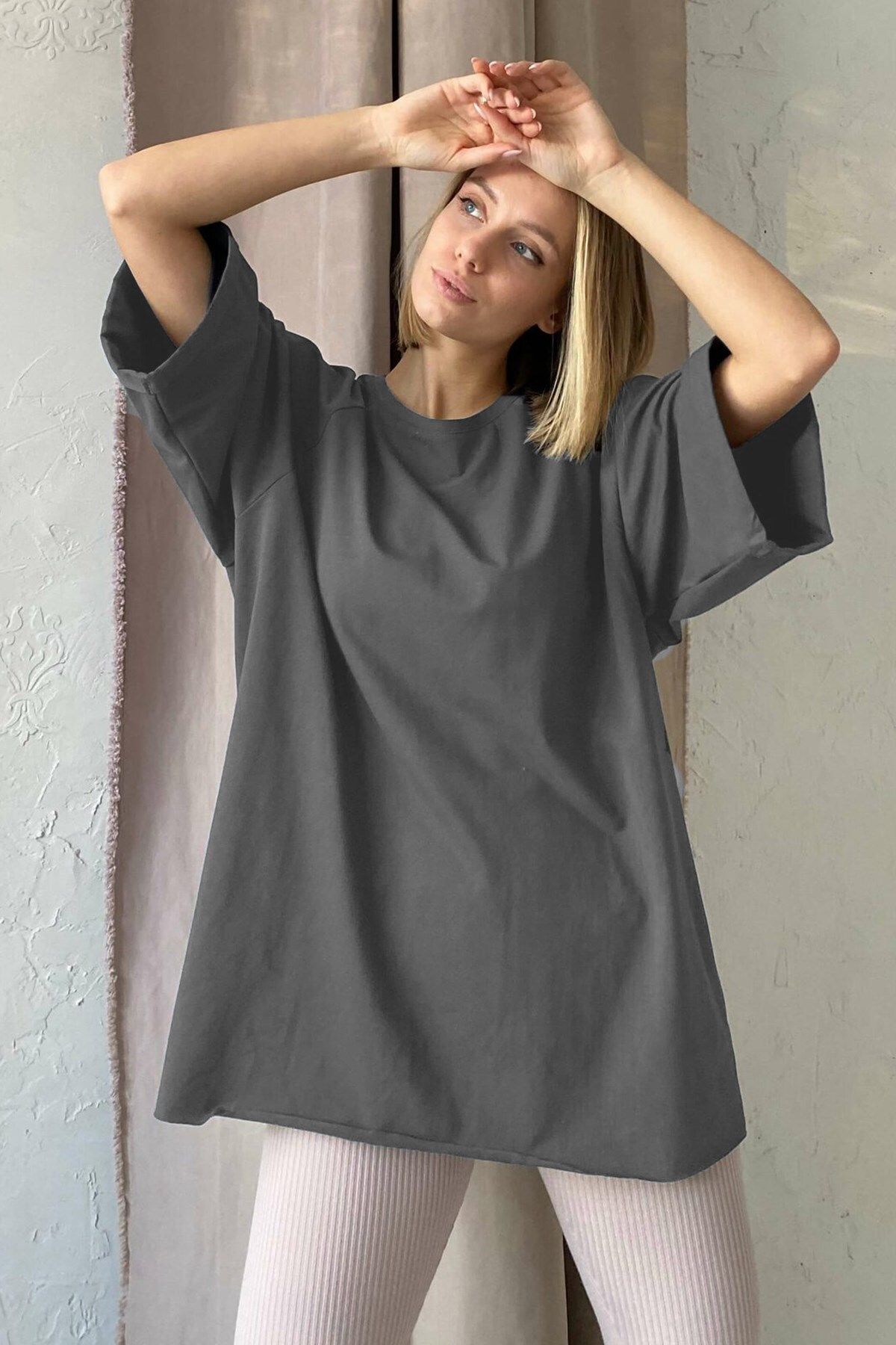 Madmext Antrasit Oversize Basic Kadın Tişört