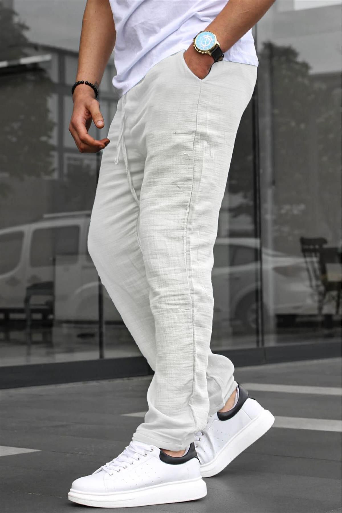 Madmext Beyaz Müslin Kumaş Erkek Basic Pantolon 6507