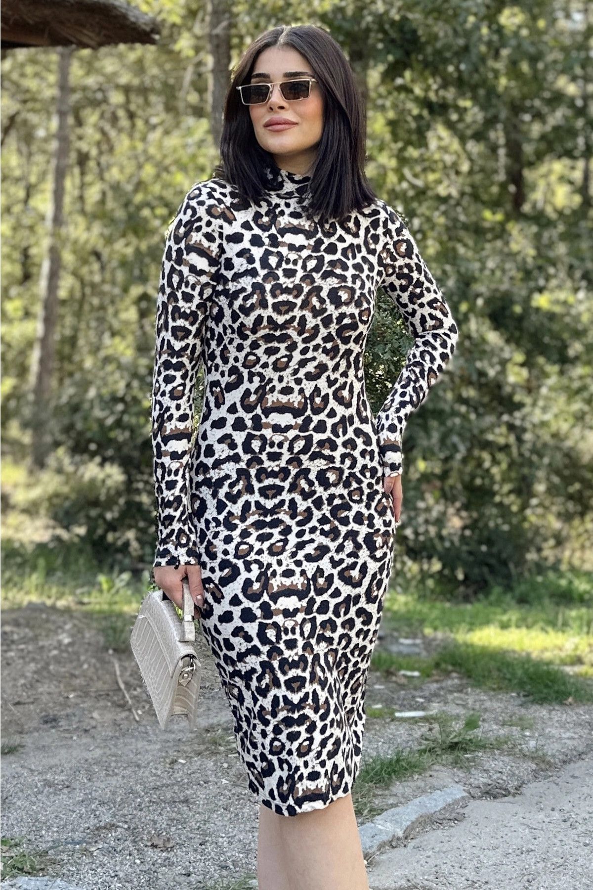 New Laviva Kadın Leopar Desen Yüksek Yaka, Uzun Kol, Vucüda Oturan Kalıp, Midi Elbise