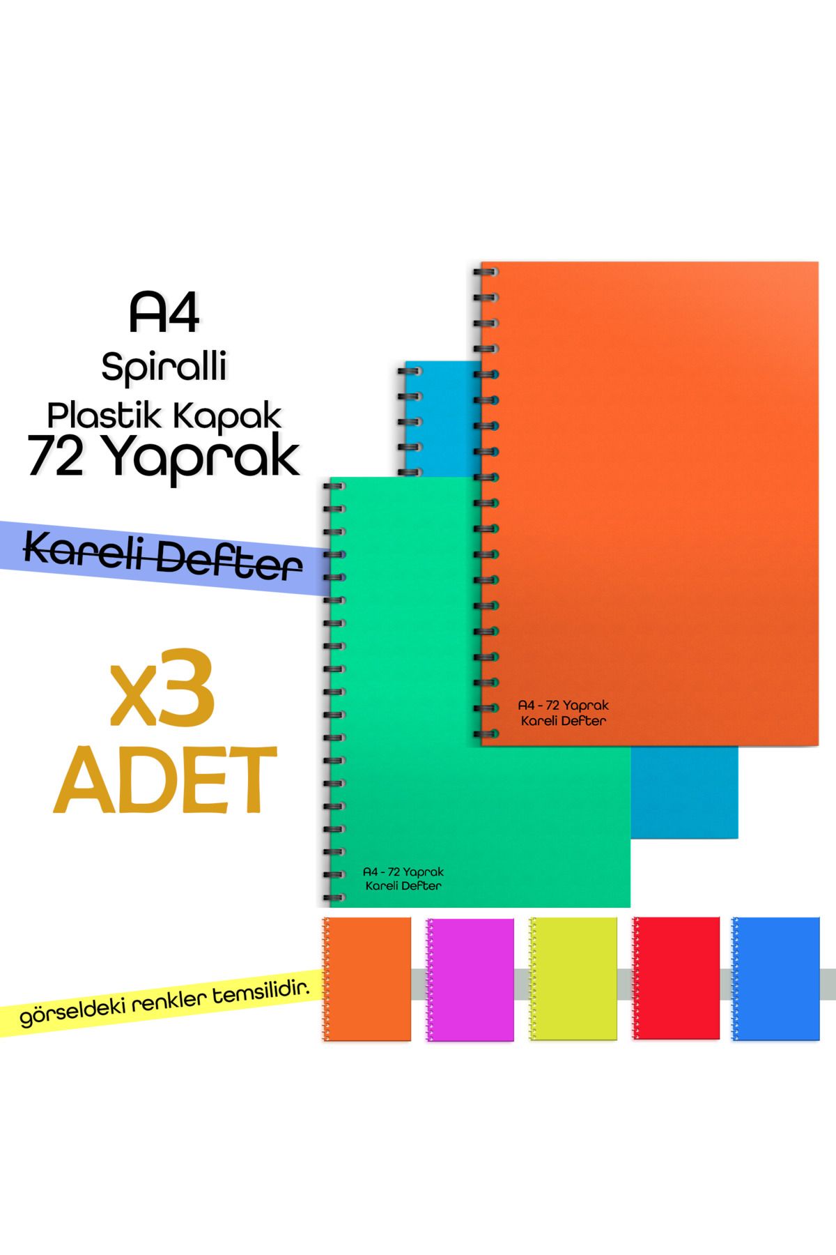 Fragman Yayınları A4 72 Yaprak 3 Adet Kareli Okul Defteri Planlayıcı Hediyeli Plastik Kapak Spiralli