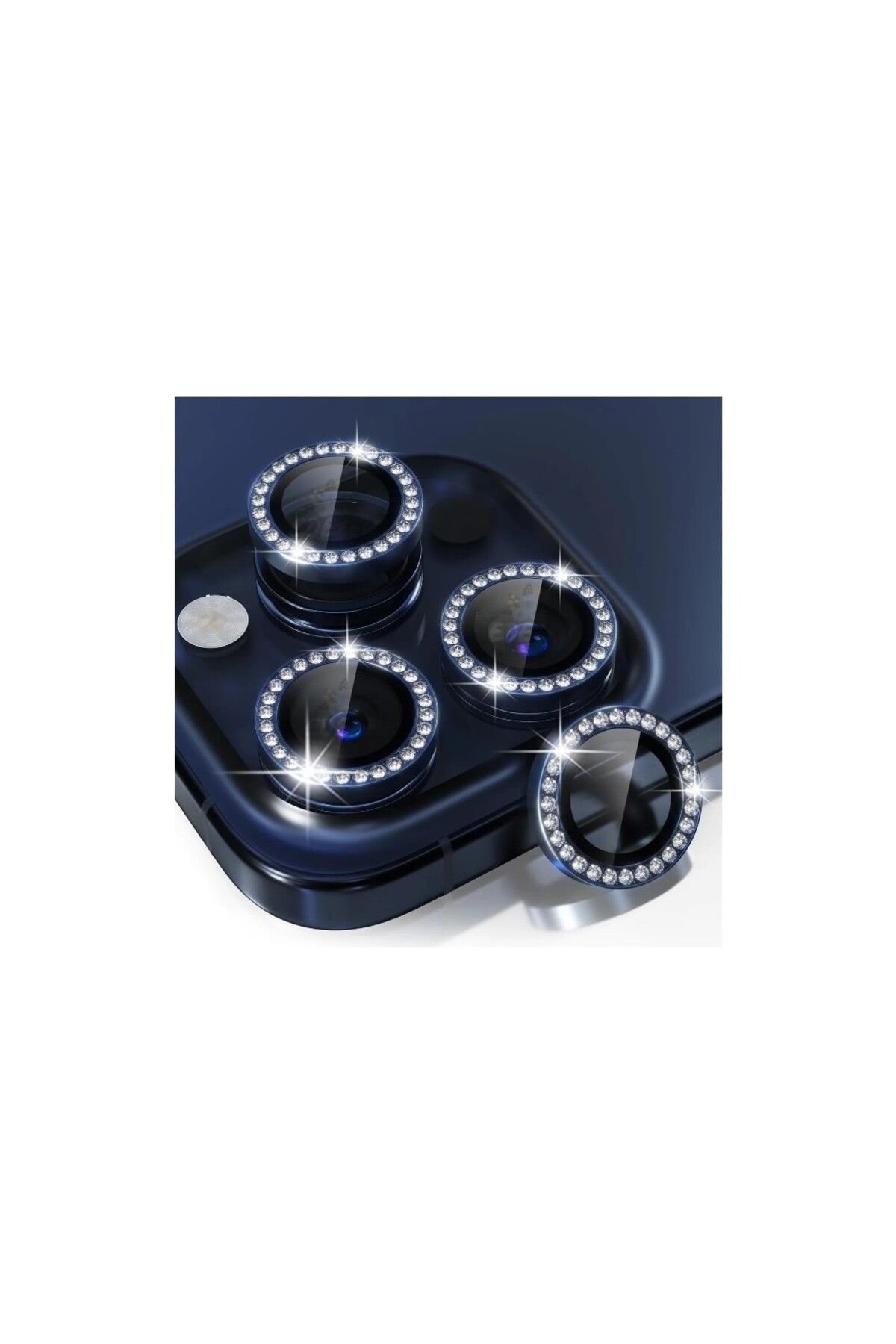 FMK Iphone 15 Pro Ve 15 Pro Max Mavi Titanyum Uyumlu Swarovski Taşlı Kamera Lens Koruyucu Cam