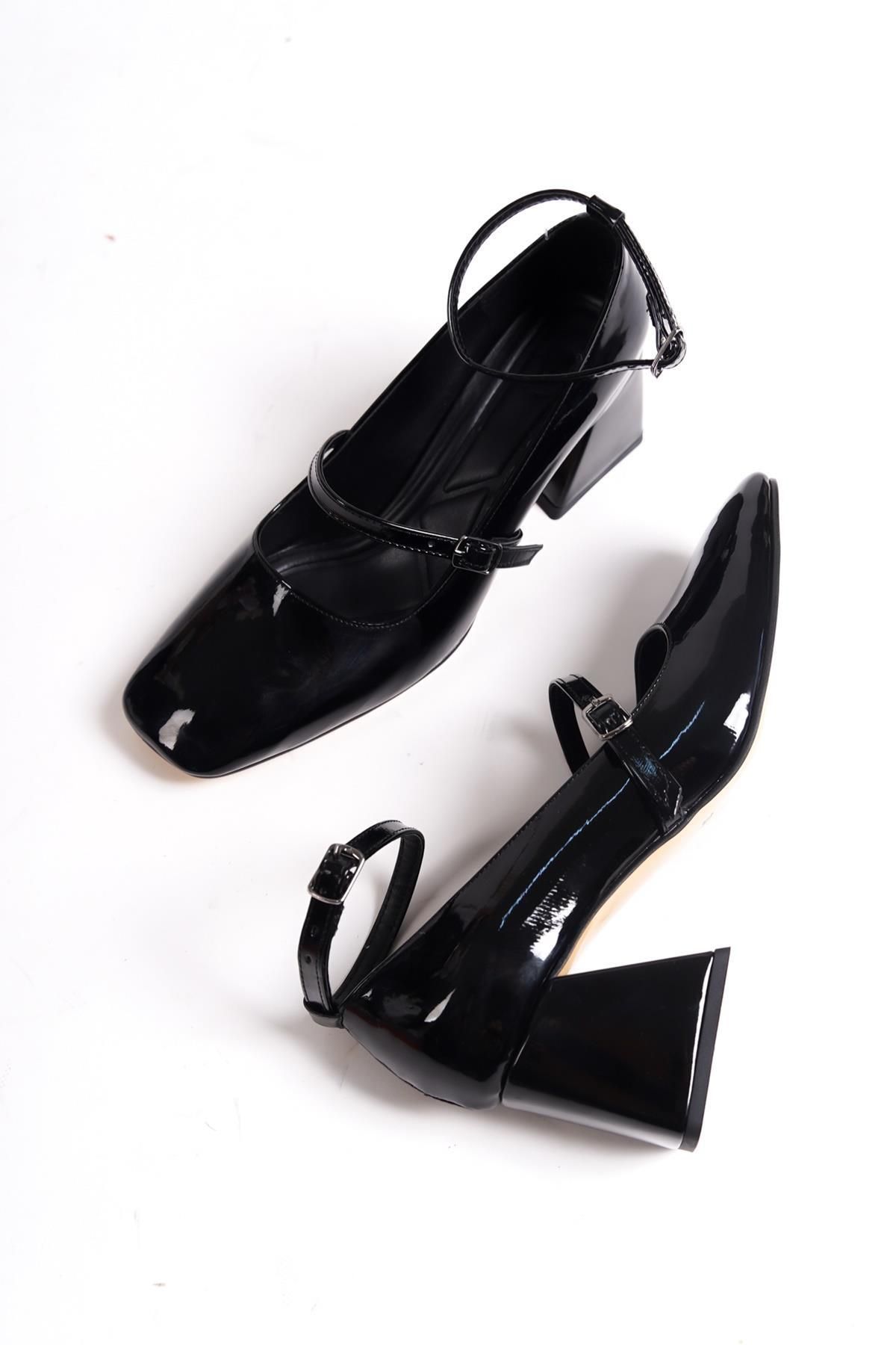 Modabuymus Kulia Siyah Rugan Mary Jane Kalın Topuklu Bantlı Ayakkabı