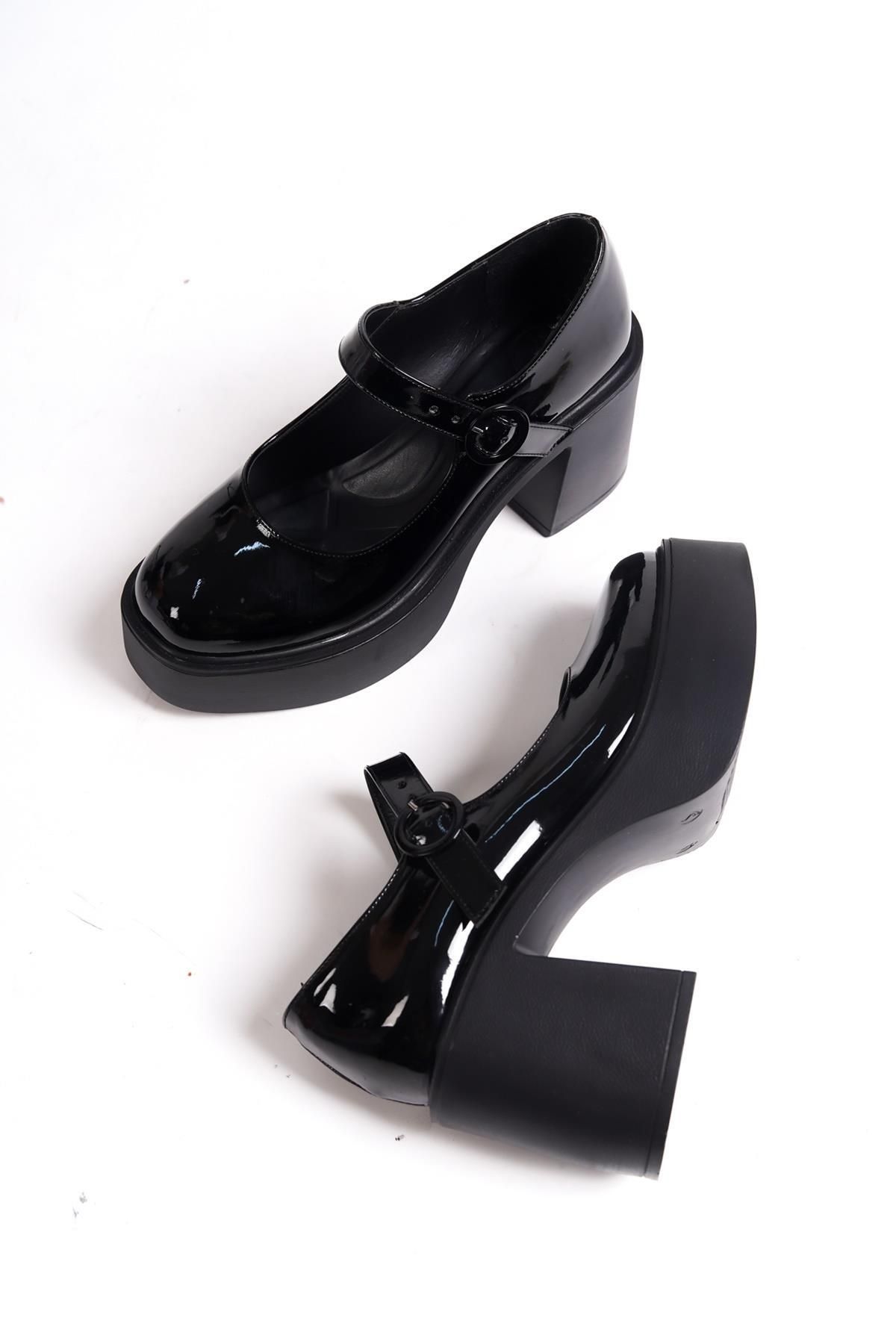 Modabuymus BİZA Siyah Rugan Kalın Platform Topuklu Mary Jane Günlük Ayakkabı