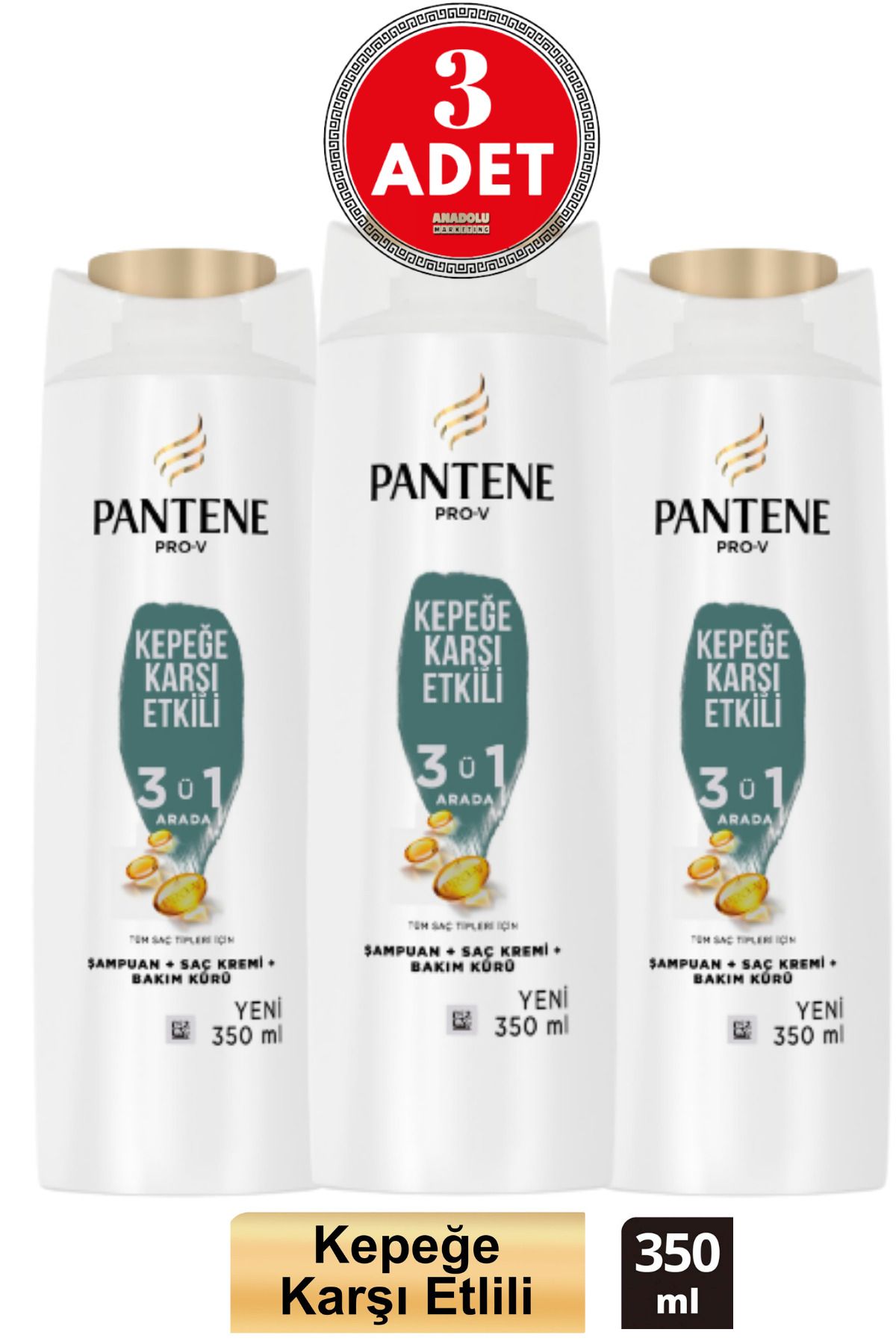 Pantene Kepeğe Karşı Etkili 3'ü1 Arada Şampuan 350 ml 3 Adet