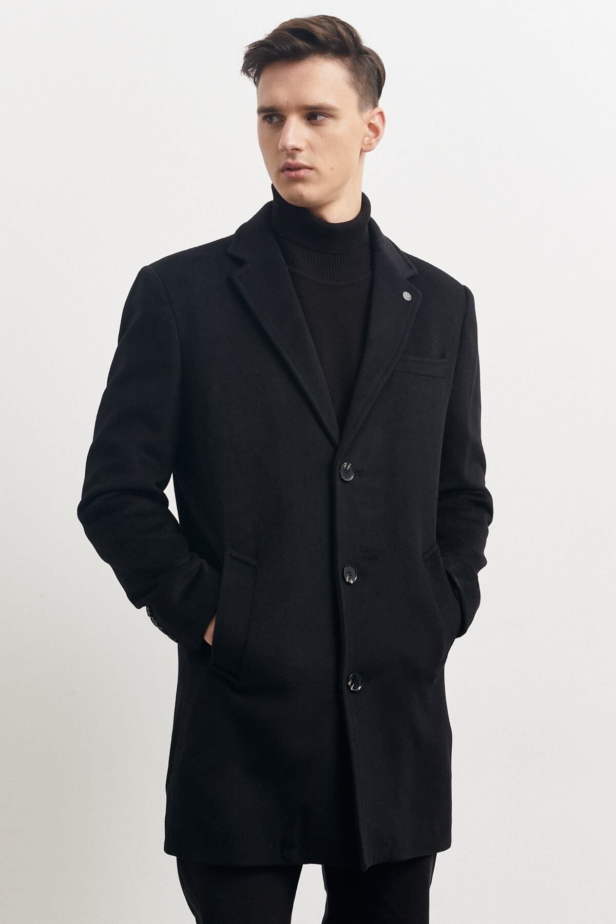 Altınyıldız Classics Erkek Siyah Standart Fit Normal Kesim Mono Yaka Yünlü Palto