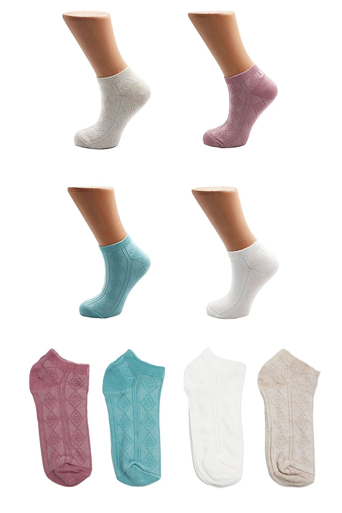 KARDEŞLER ÇORAP Kadın Çok Renkli Patik Pamuklu Çorap Desenli 4'lü Paket