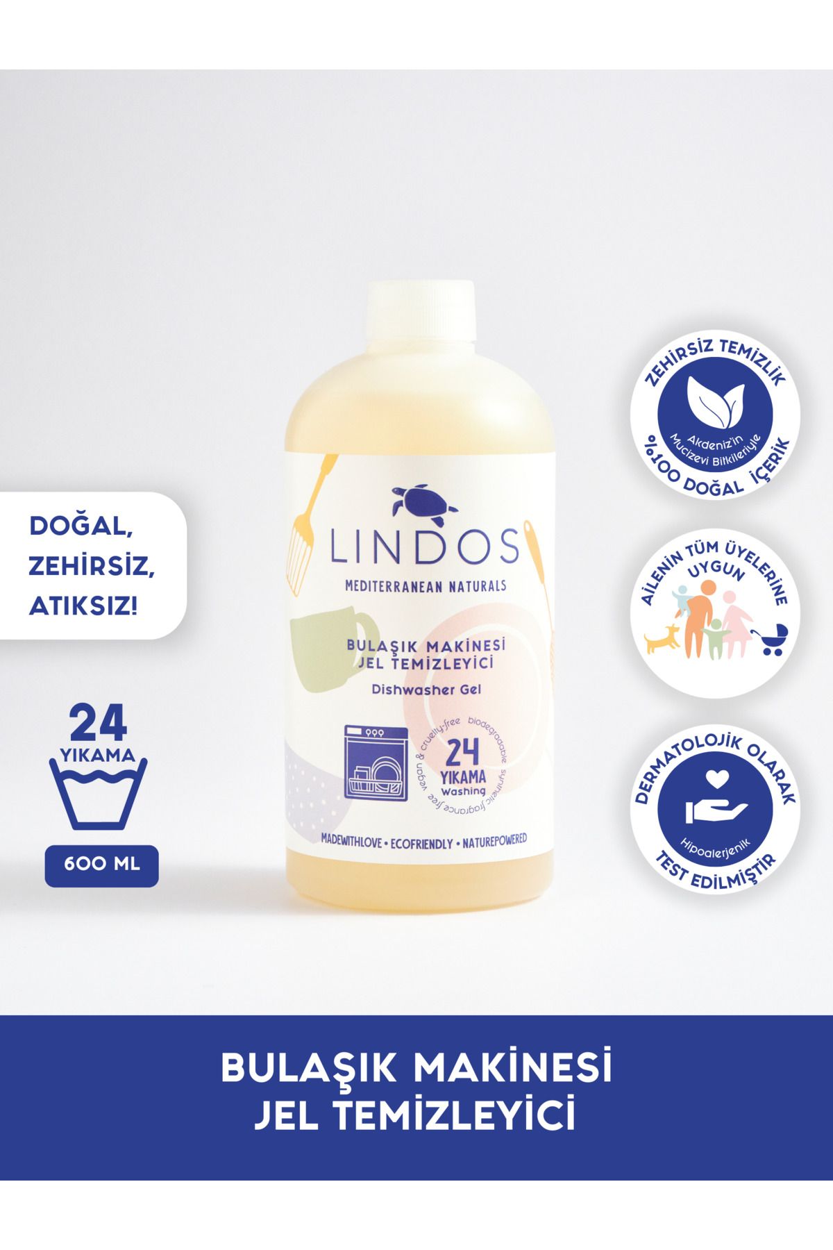 Lindos Doğal Bulaşık Makinesi Deterjanı %100 Bitkisel Güçlü 24 Yıkama Ekonomik Konsantre 600 ml