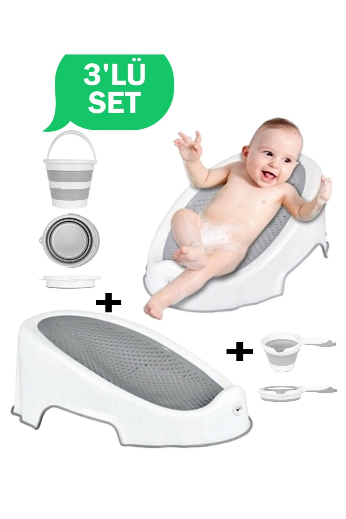 Gönül İşlerim 3'lü SET Soft Bebek Banyo Küveti & Katlanır Su Kovası & Koçero (Maşrapa) Set