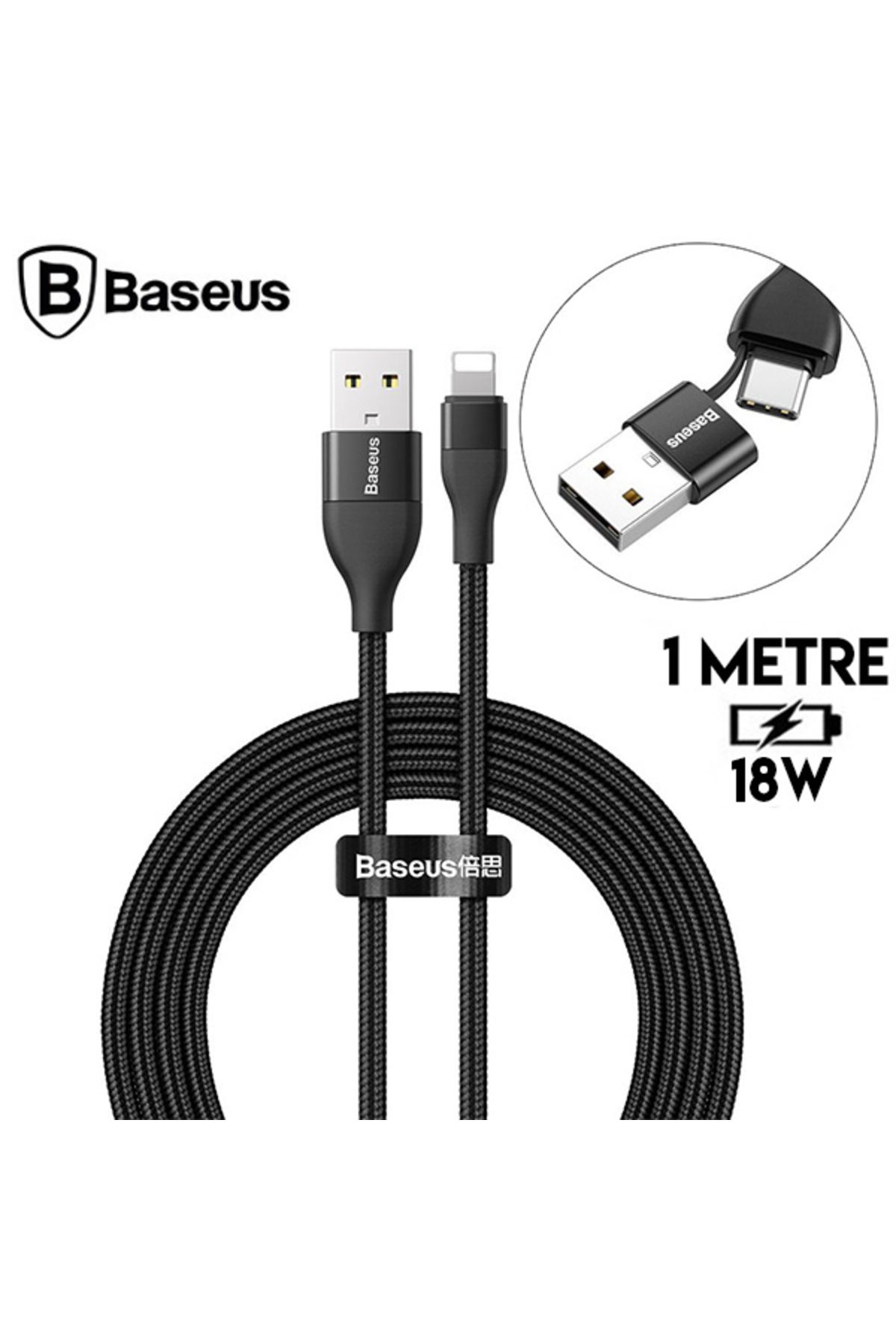 Ally Baseus 2in1 Dual Output Cable-USB-A+Type-C İPhone 18W Hızlı Şarj Usb Kablo 1m