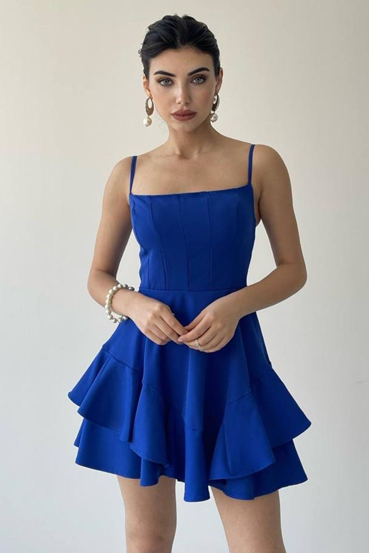 vuvutasarım DAR KALIP Pamuklu Atlas Kumaş İnce Askılı Eteği Kat Detay Saks Mavi Mini Abiye Elbise Bebe 102