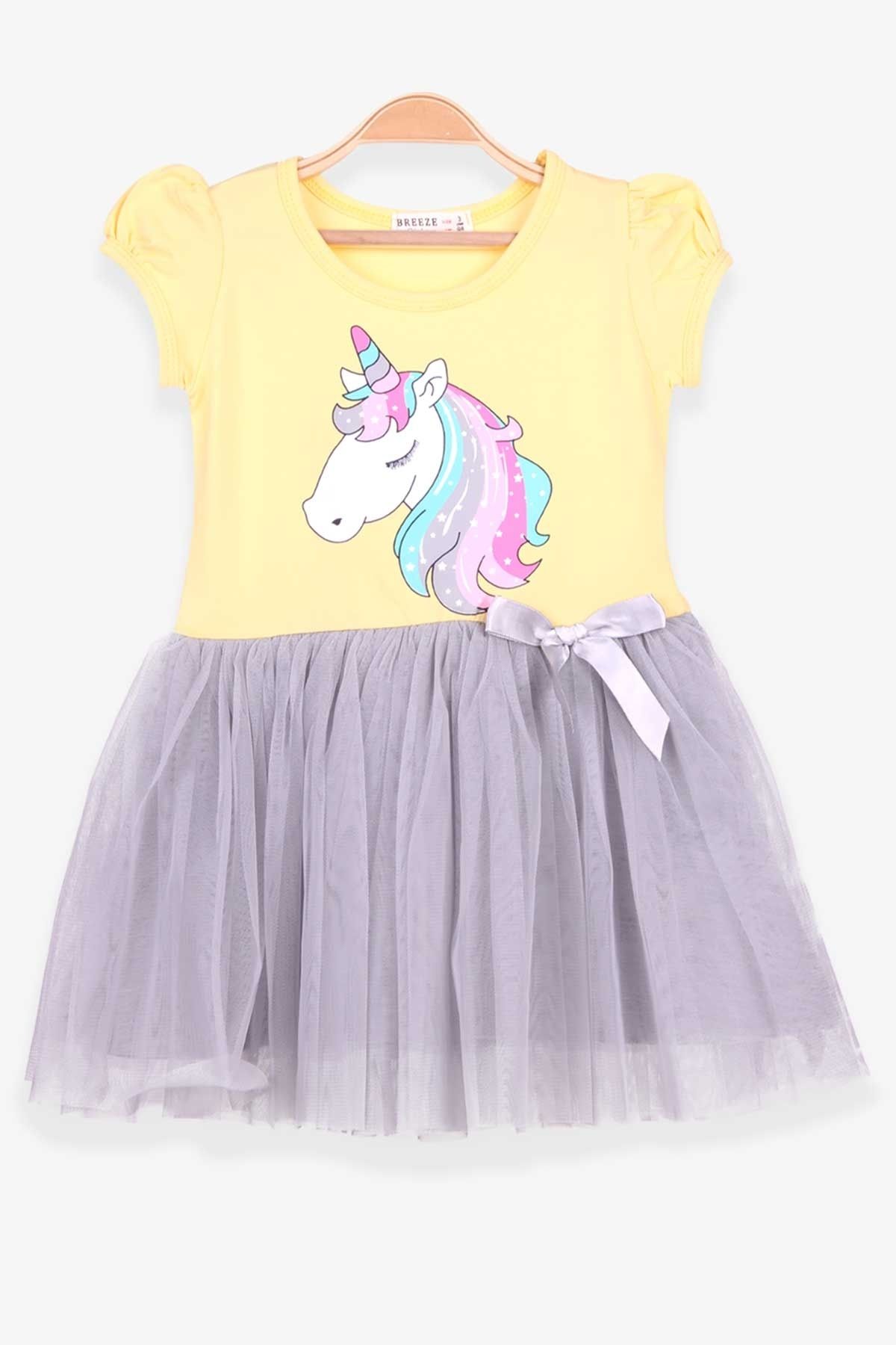 Breeze Kız Çocuk Elbise Unicorn Baskılı 3-8 Yaş, Sarı