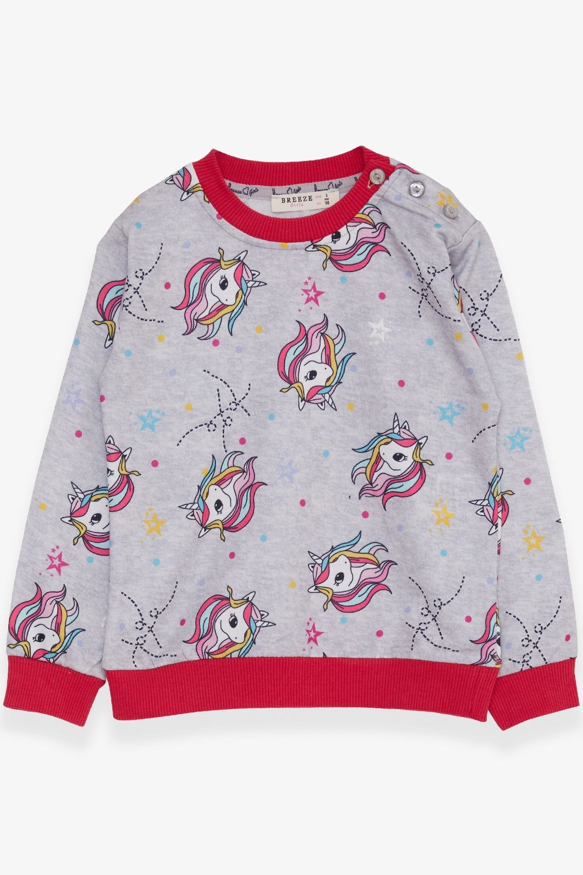 Breeze Kız Çocuk Sweatshirt Unicorn Desenli 1.5-5 Yaş, Açık Gri Melanj