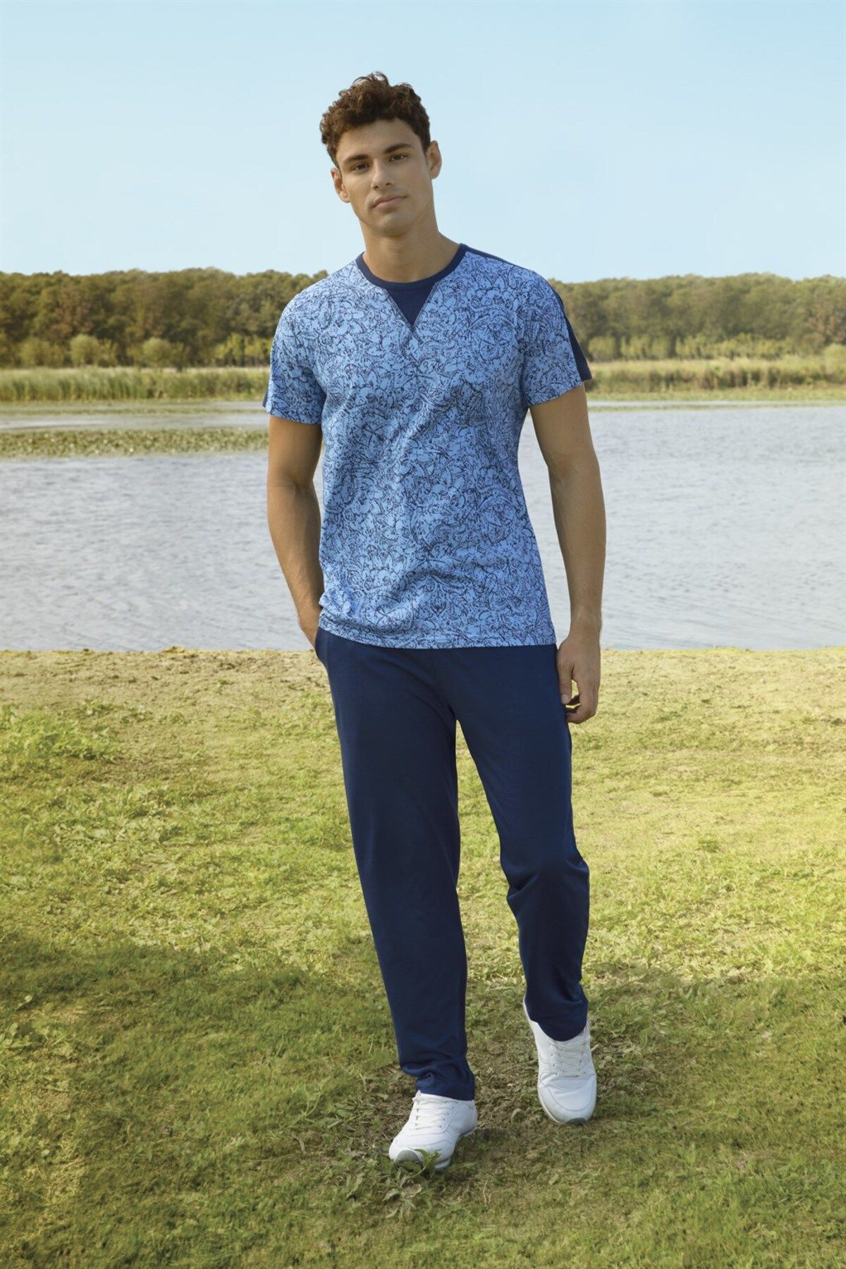 Doreanse Erkek Mavi Desenli Yaka Detaylı T-shirt Pijama Takımı 4913