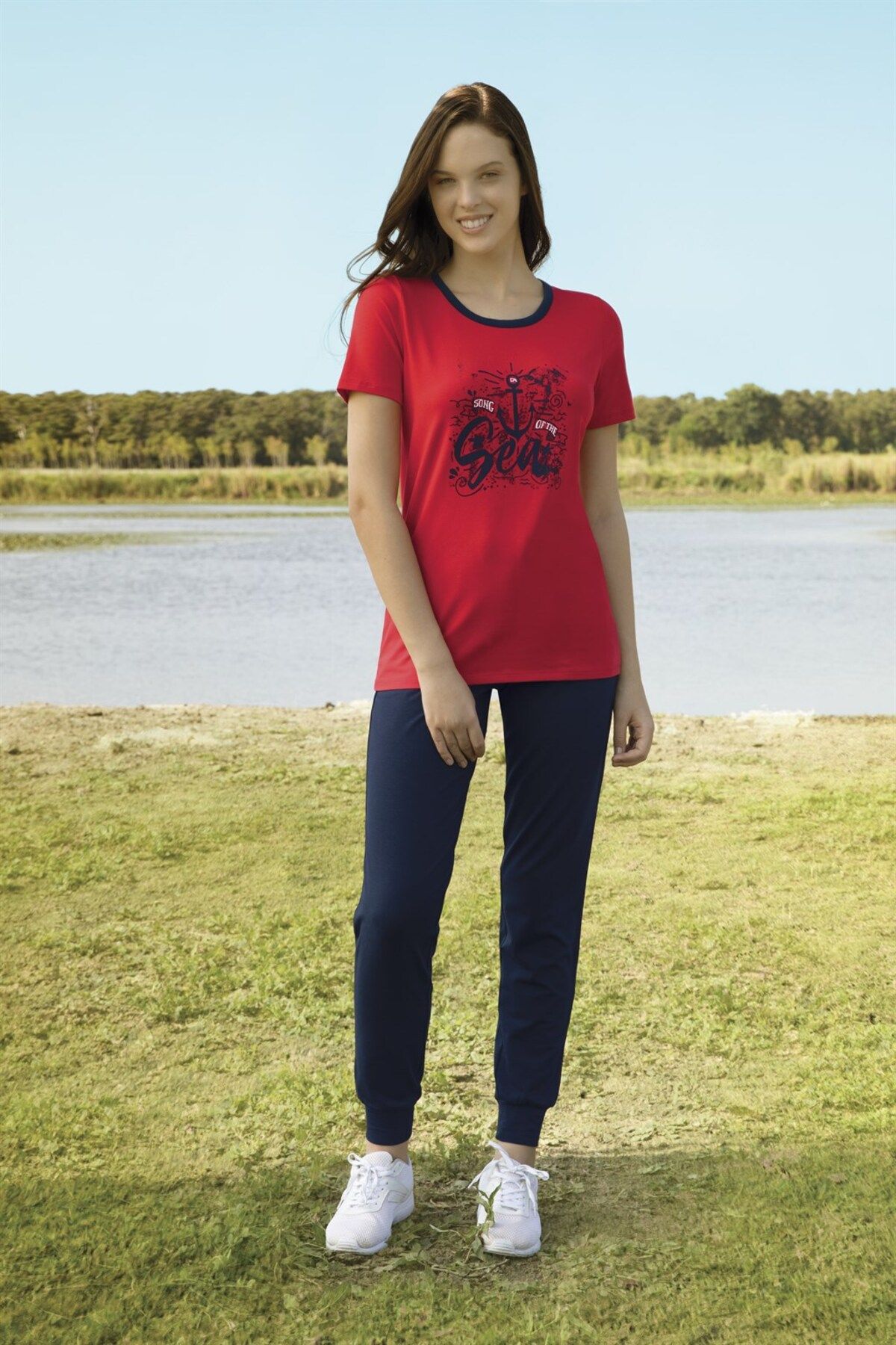 Doreanse Kadın Kırmızı Üst Yazı Baskılı T-shirt Pijama Takımı 4393