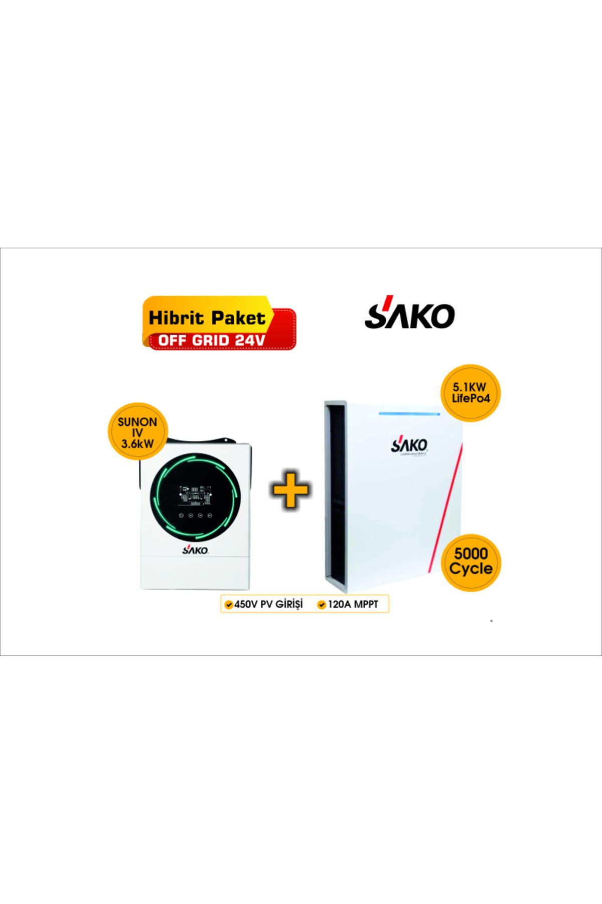 SAKO Off-grid Hibrit Paket 3.6kw Akıllı Inverter 5.1kwh Lityum Batarya Lifepo4 Akü