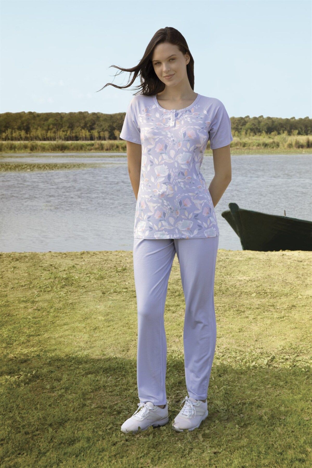 Doreanse Kadın Mor Çiçek Baskılı T-shirt Pijama Takımı 4273