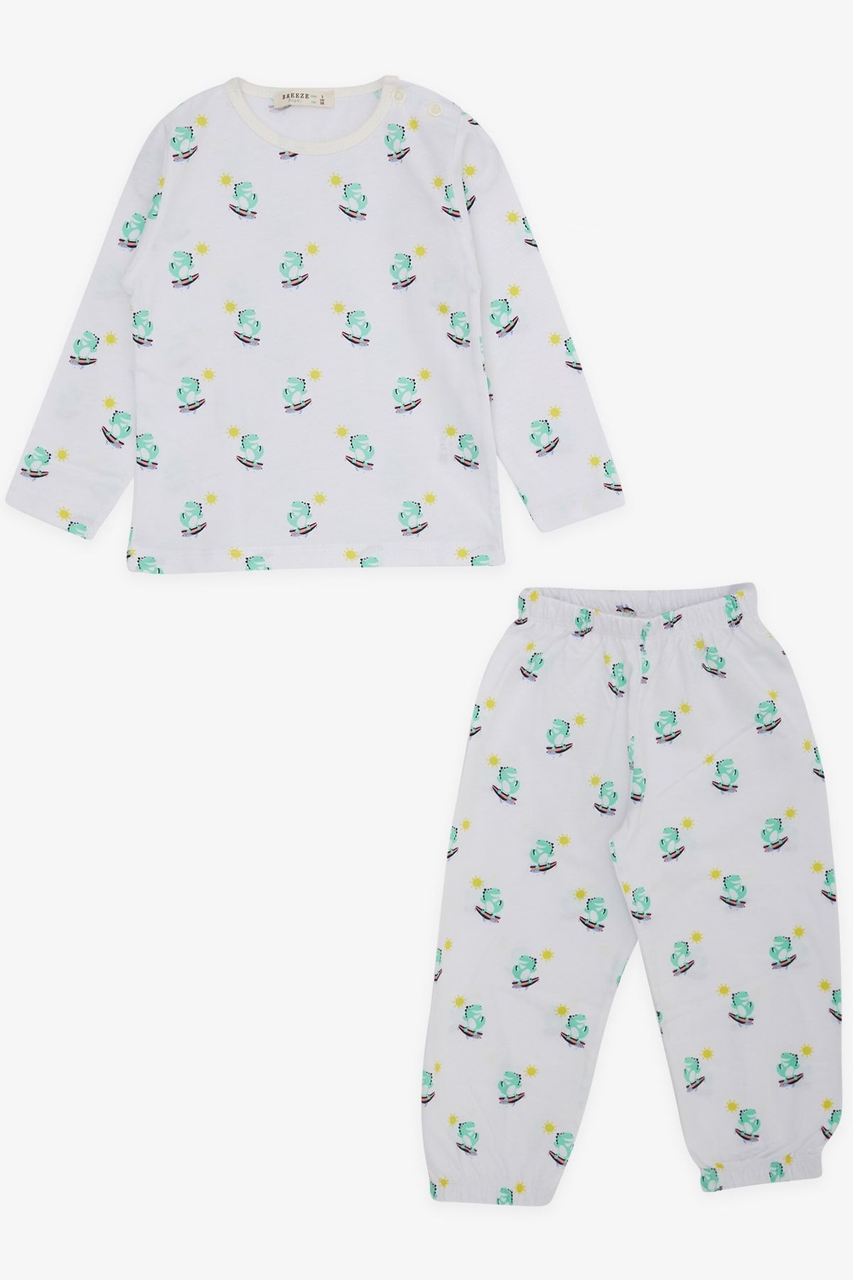 Breeze Erkek Bebek Pijama Takımı Sörfçü Dinozor Desenli 9 Ay-3 Yaş, Beyaz
