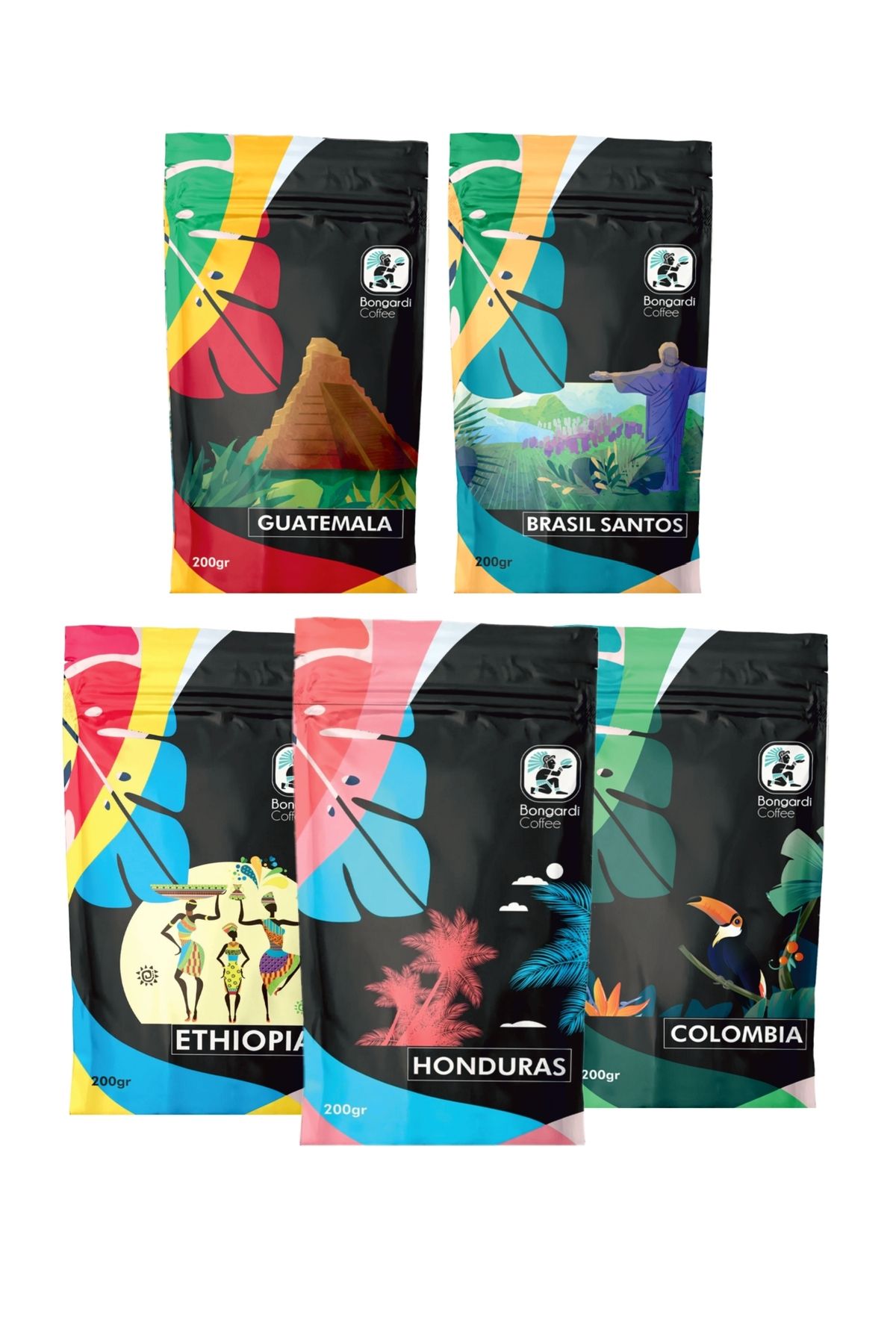 Bongardi Coffee 5x200 gram Yöresel Brezilya Etiyopya Colombia Guatemala Honduras Filtre Ve Espresso Seti