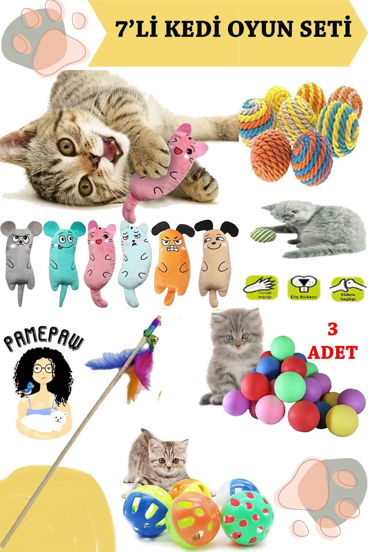 PAMEPAW 7'li Set : Kedi Nanesi Kokulu Peluş Oyuncak , Sarma Top , Olta , 3'lü Mini Top , Çıngıraklı Top