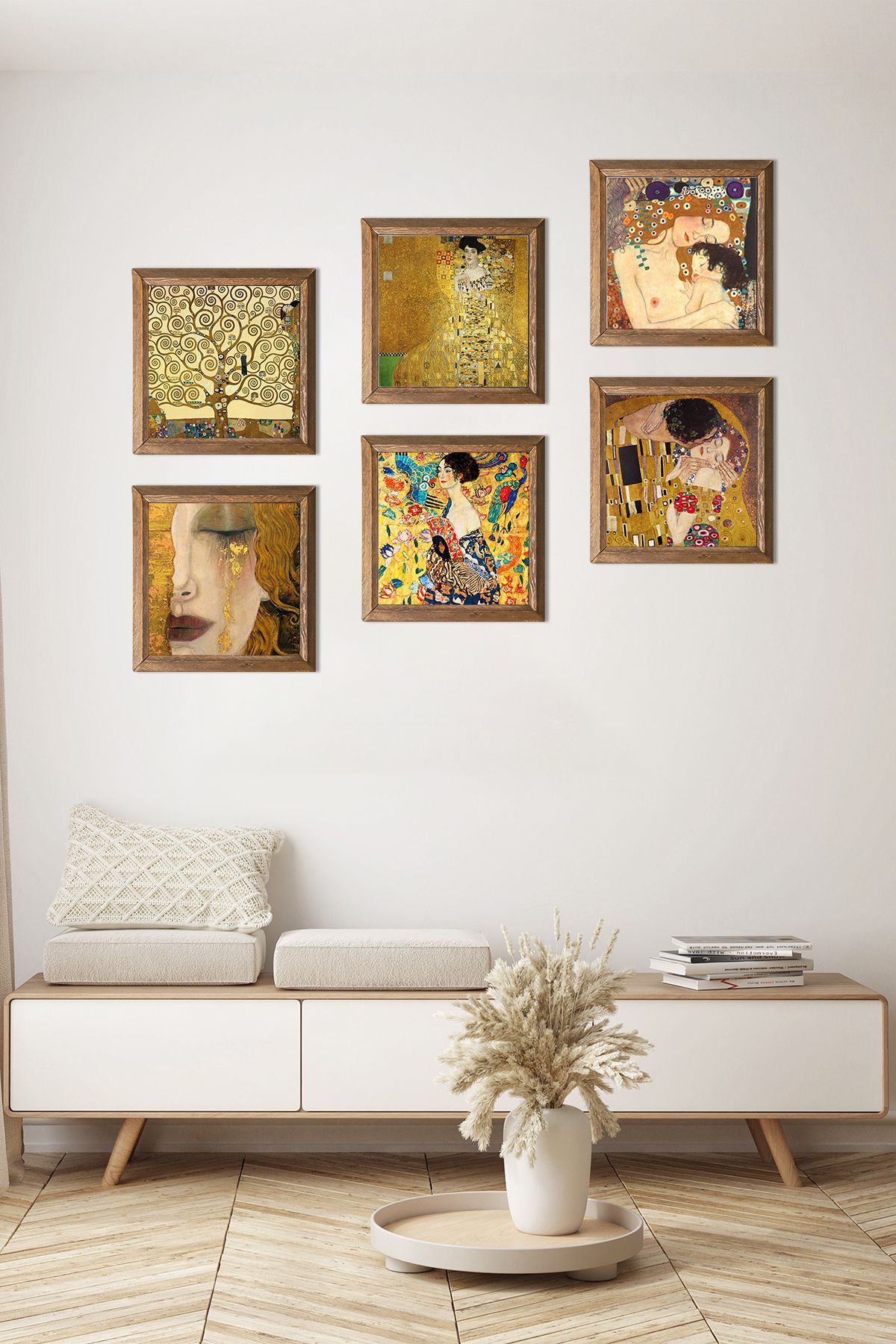Pinecone Gustav Klimt Taş Duvar Tablosu Ahşap Çerçeveli Duvar Dekoru 6 Parça Tablo Seti Wall Art