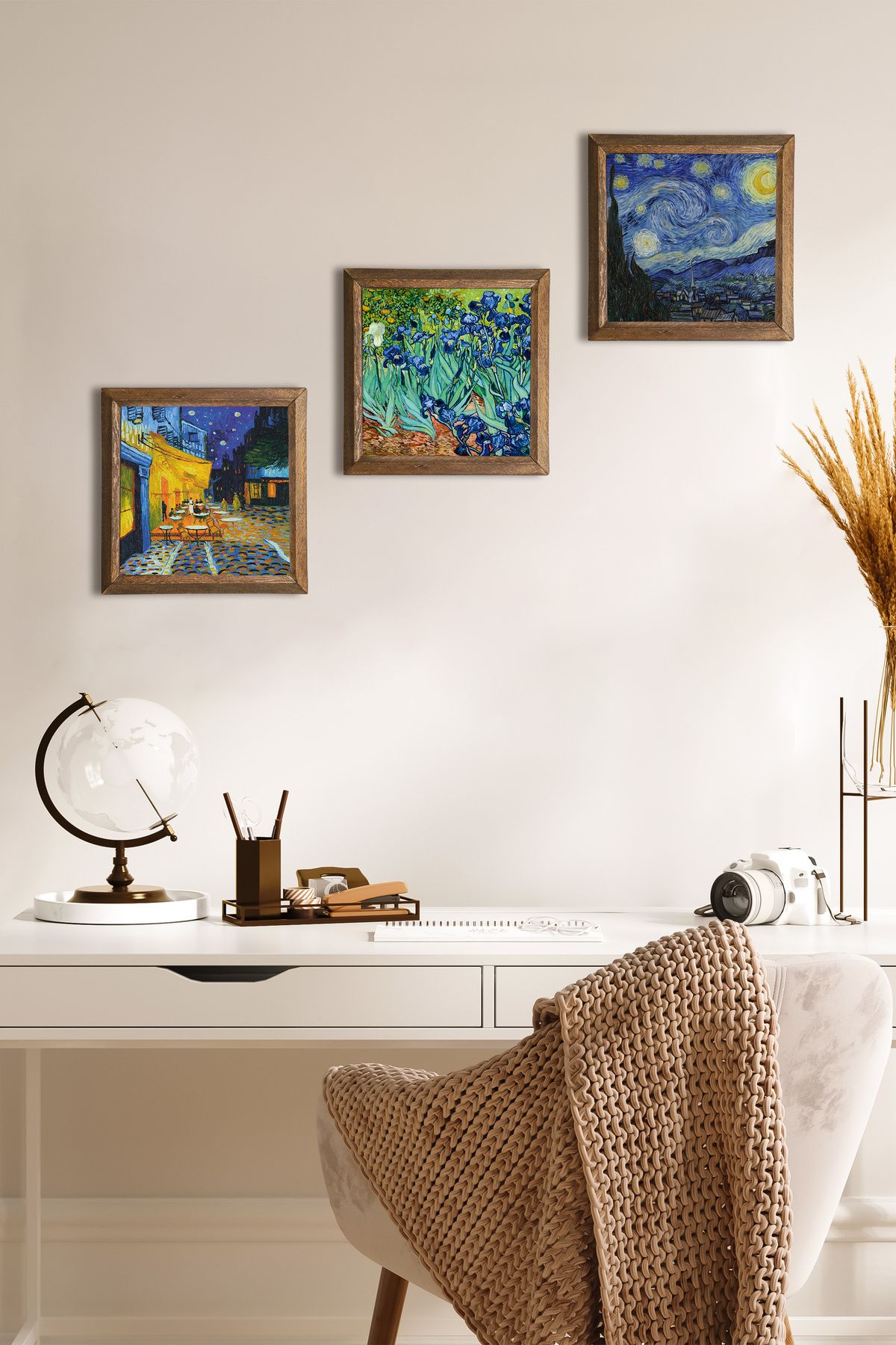 Pinecone Van Gogh Kafe Terasta Gece, Irisler, Yıldızlı Gece Taş Duvar Tablosu Ahşap Çerçeveli Duvar Dekoru