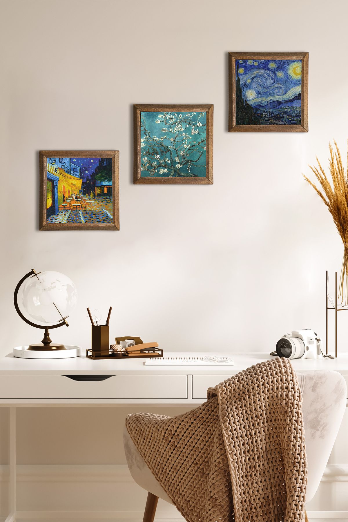 Pinecone Van Gogh Kafe Terasta Gece, Yıldızlı Gece, Badem Ağacı Taş Duvar Tablosu Çerçeveli Duvar Dekoru