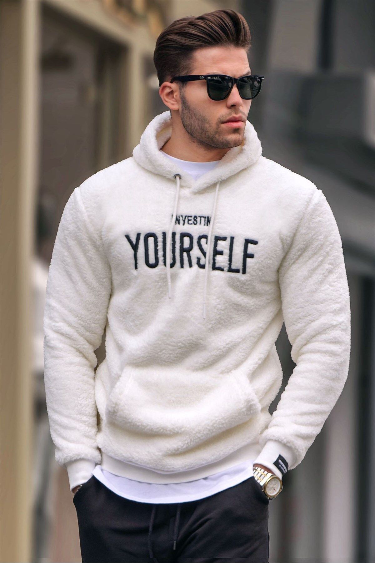 Madmext Erkek Beyaz Kapüşonlu Peluş Sweatshirt