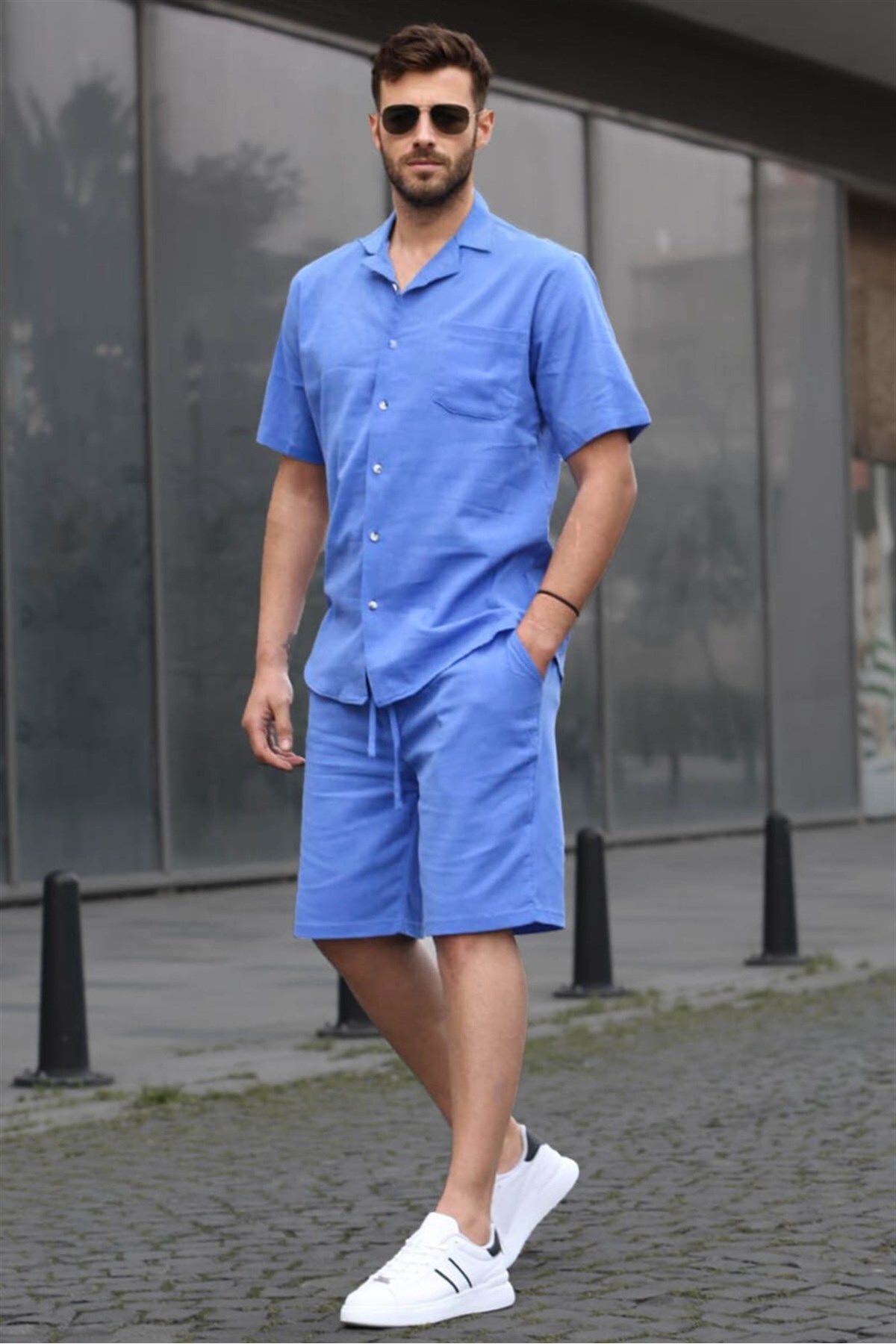 Madmext Erkek Mavi Basic Oversize Gömlek Takımı 5588