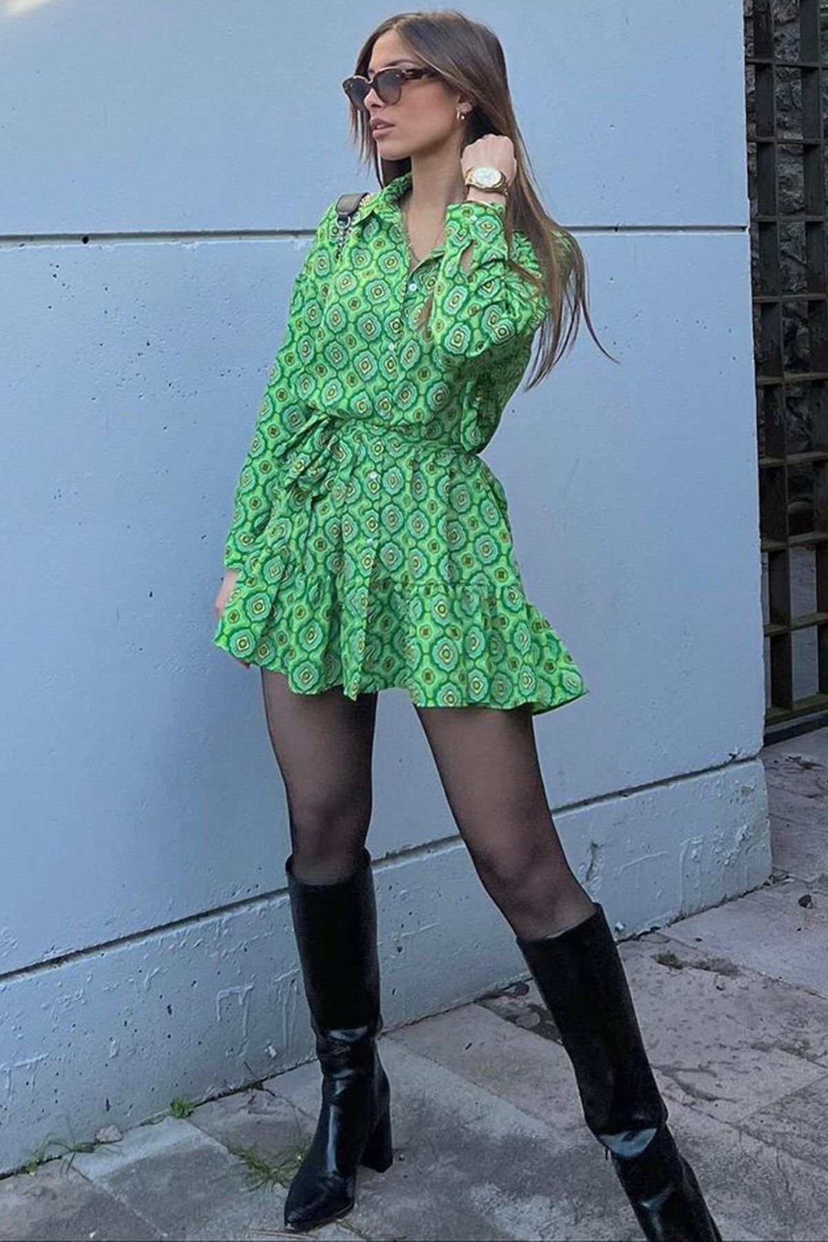 Madmext Yeşil Geometrik Desenli Kadın Gömlek Elbise
