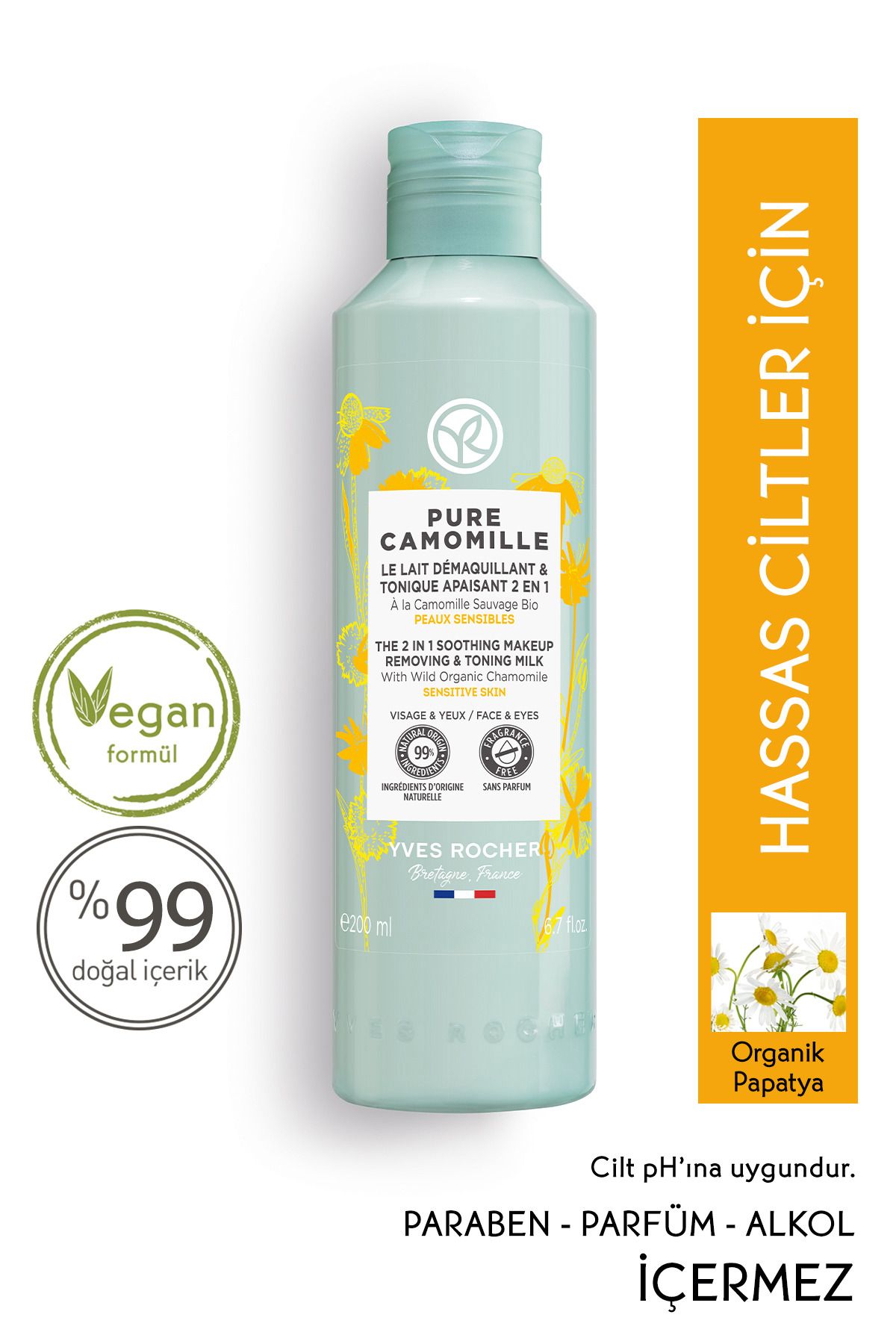 Yves Rocher Hassas Ciltler Için Pure Camomille 2si 1 Arada Yatıştırıcı&tonik Etkili Makyaj Temizleme Sütü-200 ml