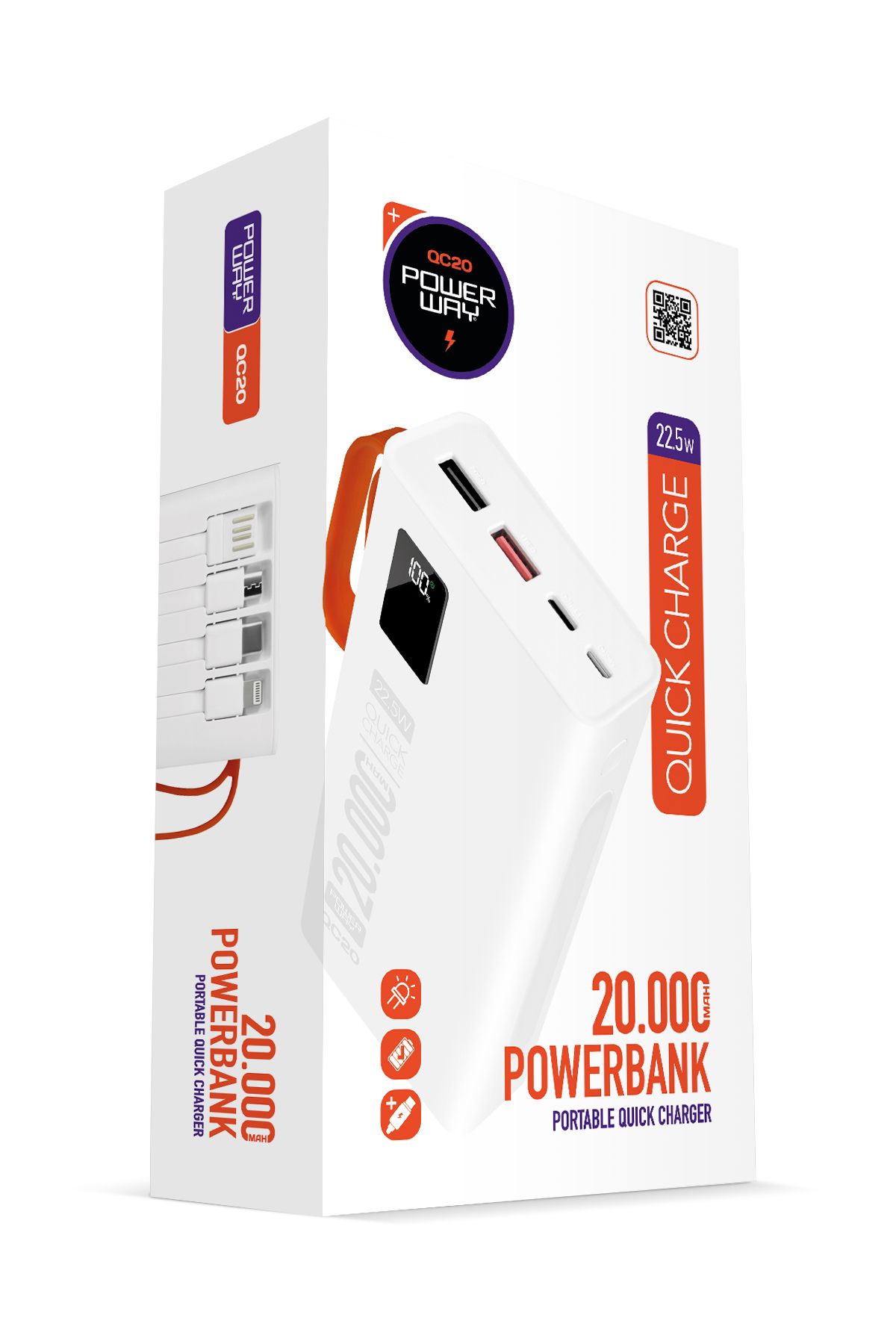 Powerway 20.000 Mah Pd 22.5w Kablolu 3.0 Hızlı Şarj Gerçek 20.000 Mah Garantili Işıklı Qc20 Beyaz Powerbank