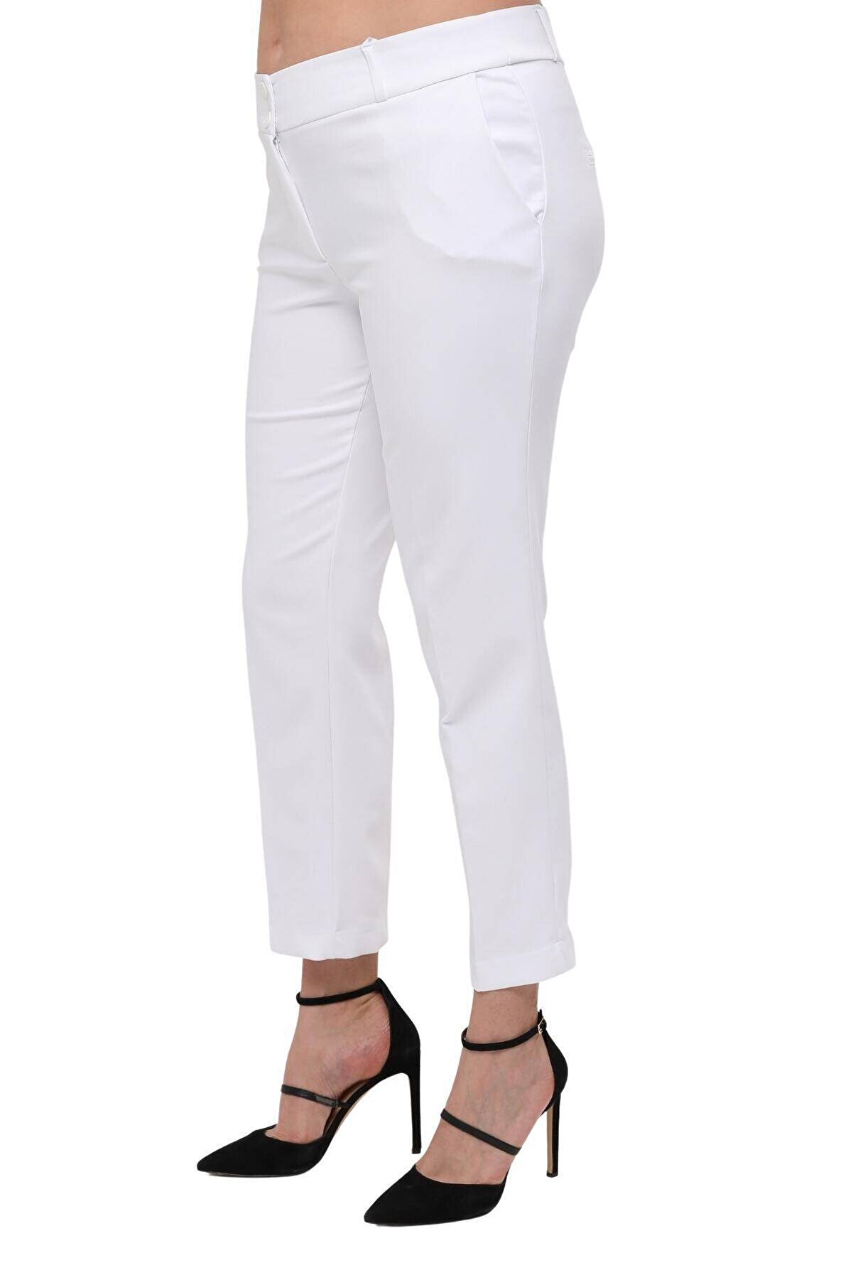 Hanezza Kadın Büyük Beden Beyaz Bilek Boy Yüksek Bel 42-56 Likralı Pantolon
