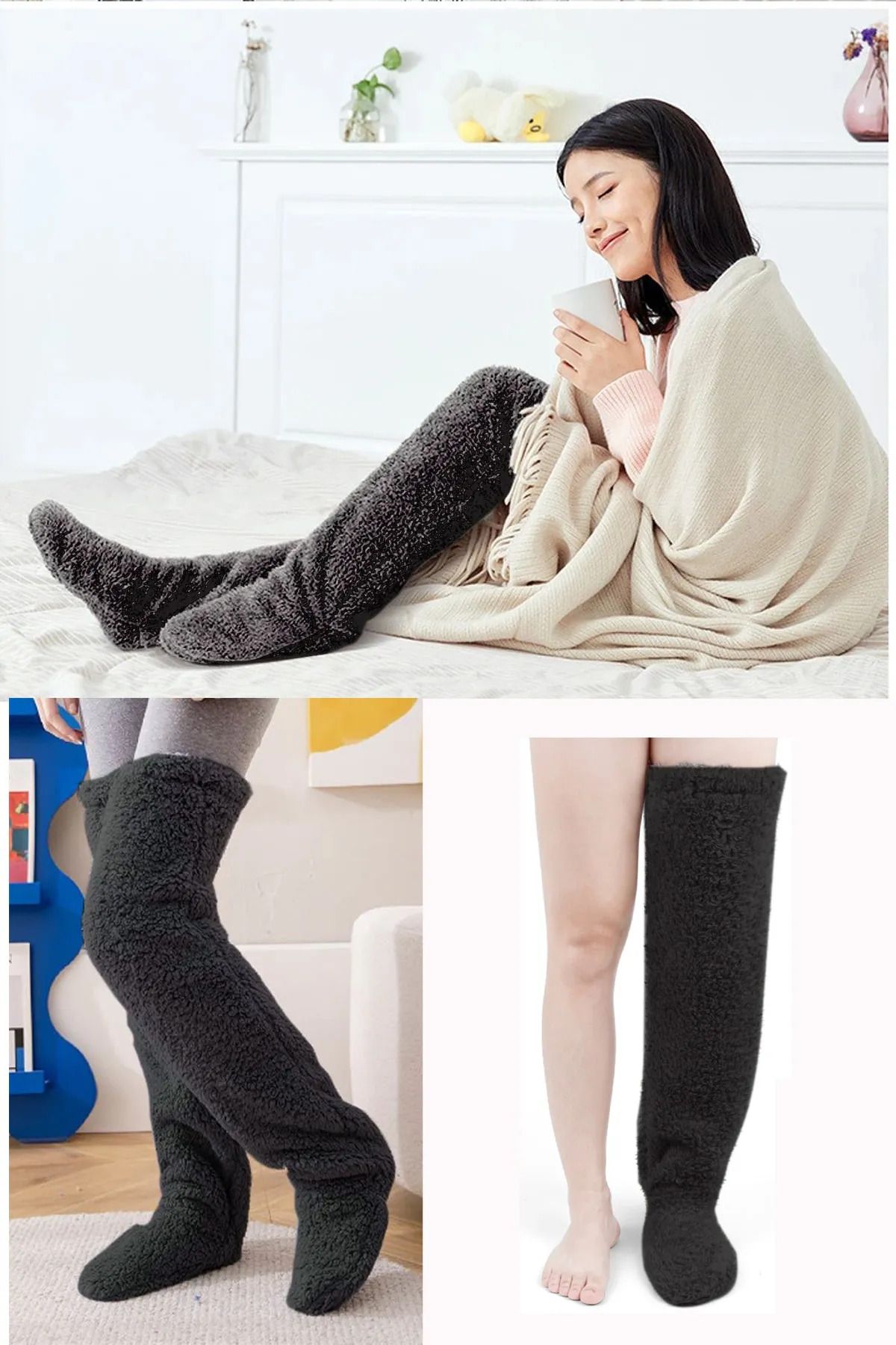 Pababo Wellsoft Diz Üstü Ev Çorabı Peluş Uyku Çorabı Ayak Isıtıcı Uzun Pelüş Çorap
