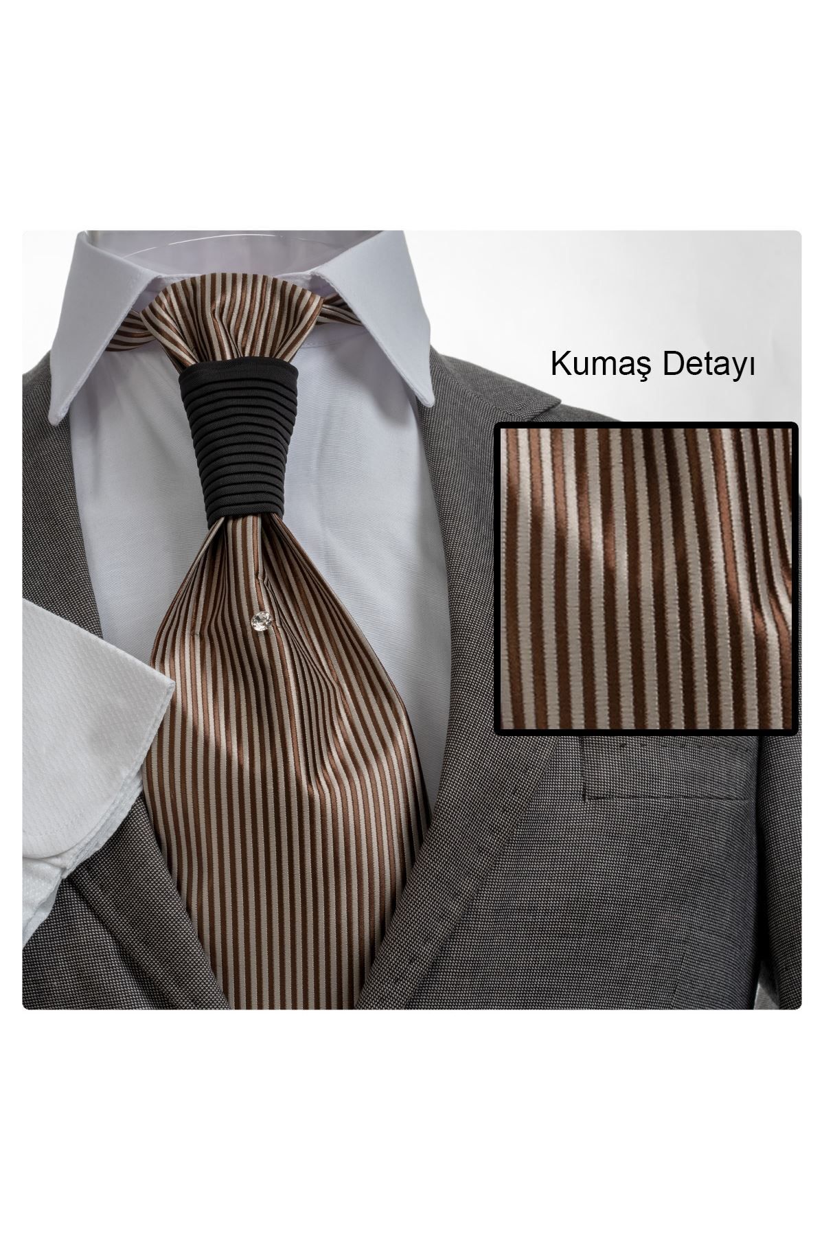 Exve Exclusive Çizgili Damatlık & Özel Geceler için Lüks Tuxedo Taşlı Kravat Kahverengi