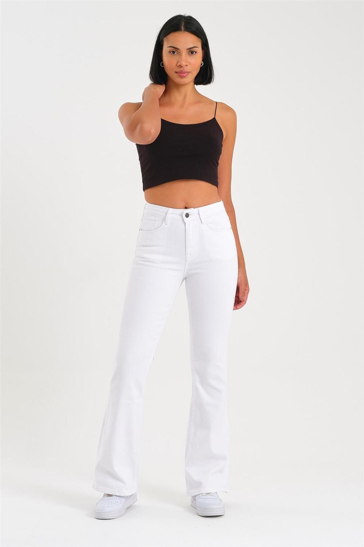 EXPLODE - Kadın Beyaz Likralı Yüksek Bel Flare Jeans