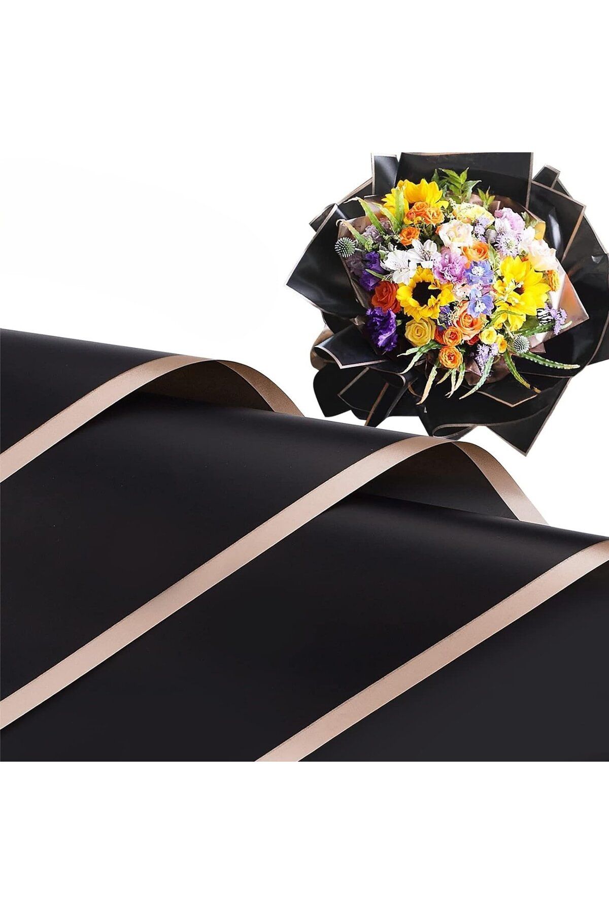 roco paper Çiçek Ambalaj Kağıdı - Siyah - Altın Kenarlı - Mat OPP 58x58 cm - 20 Adet