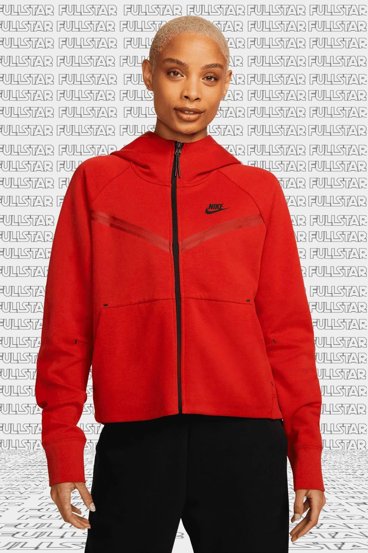 Nike Tech Fleece Windrunner Full Zip Hoodie Kapüşonlu Kadın Sweatshirt Kırmızı