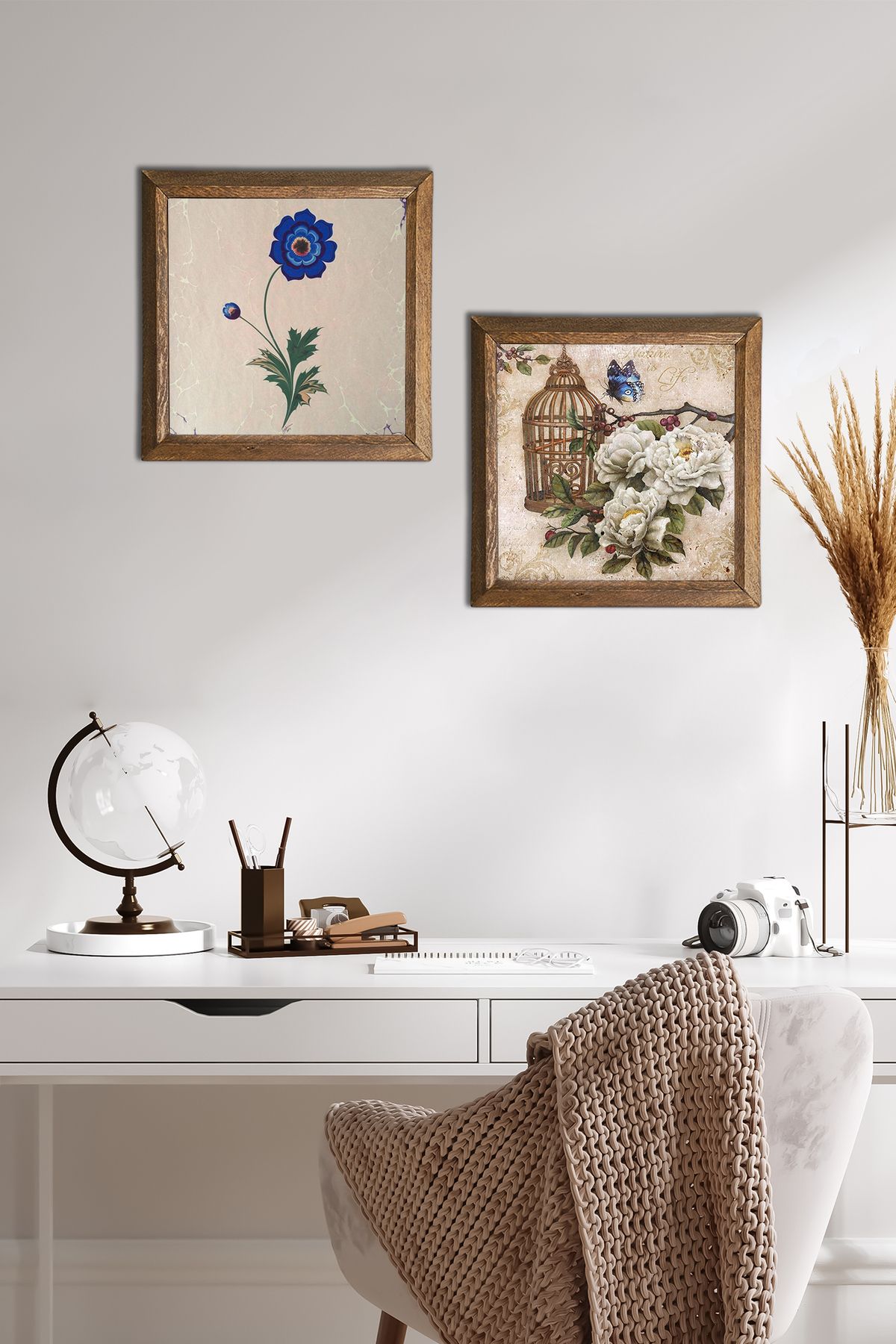 Pinecone Ebru Sanatı, Kelebekli Çiçek Taş Duvar Tablosu Ahşap Çerçeveli Duvar Dekoru 2'li Tablo Set -W2-289-