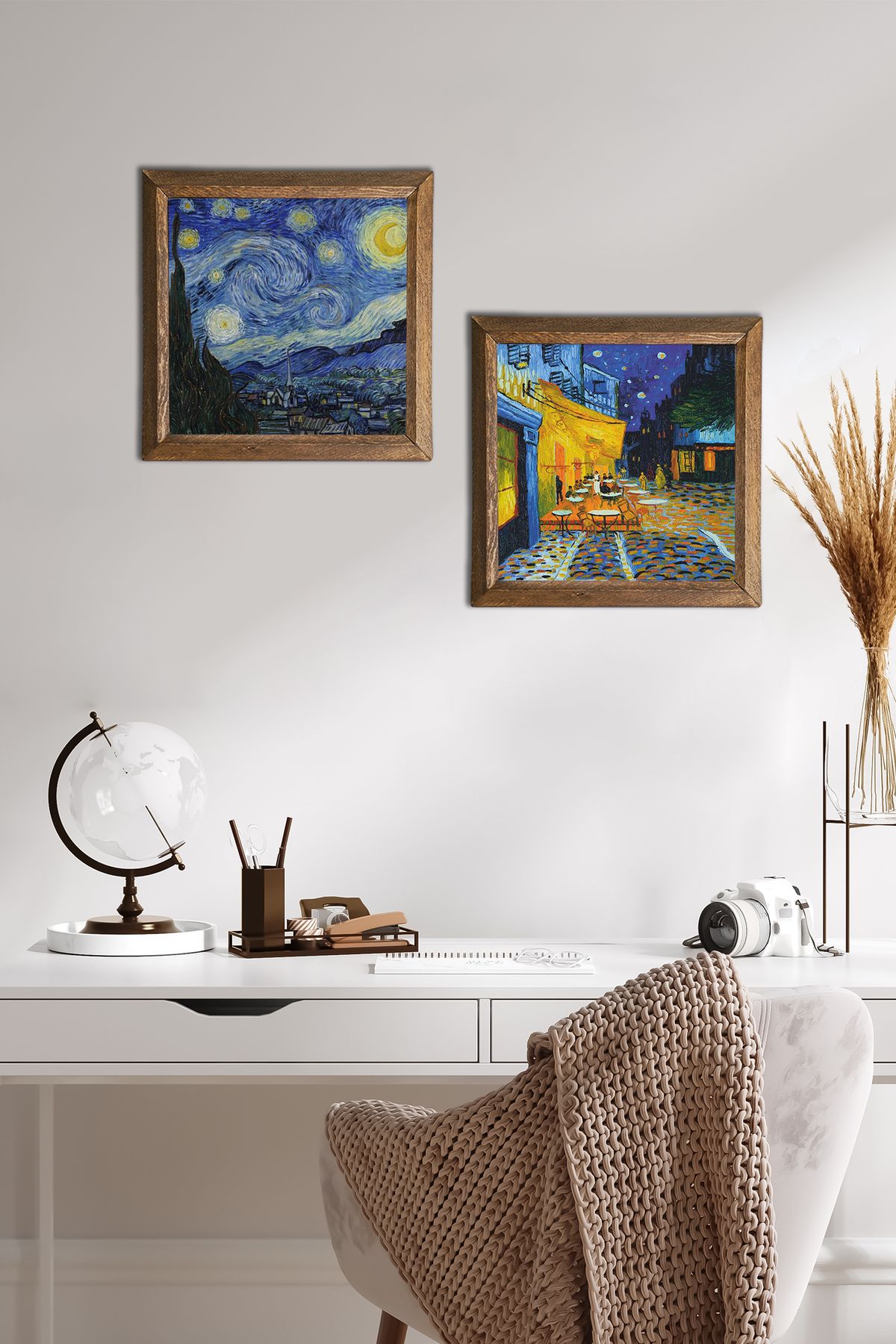 Pinecone Van Gogh Kafe Terasta Gece, Yıldızlı Gece Taş Duvar Tablosu Ahşap Çerçeveli Duvar Dekoru -W2-381-