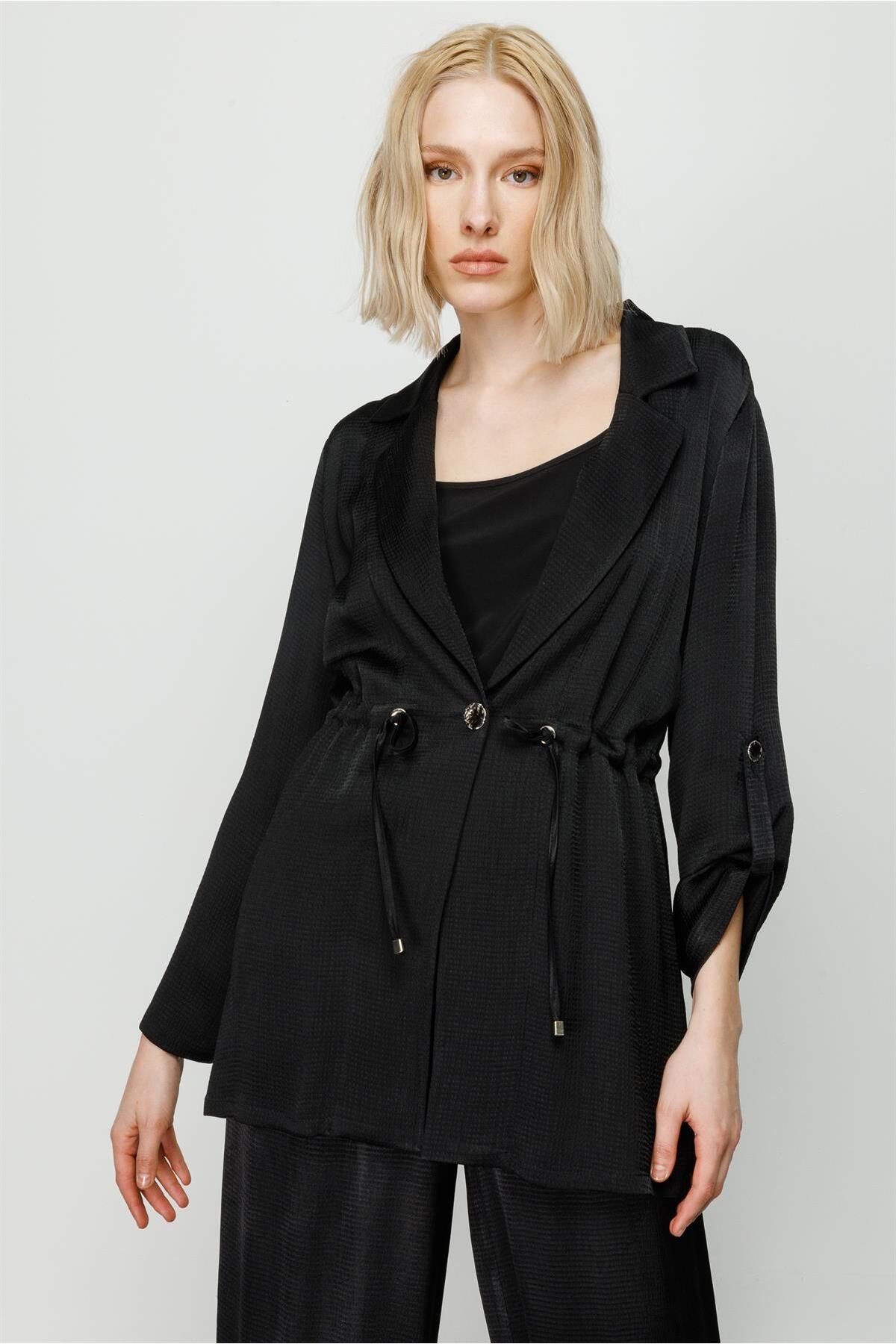 Moda İlgi Modailgi Mono Yaka Beli Büzgülü Tunik Siyah