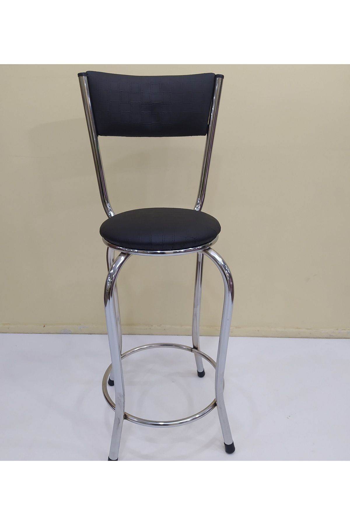 Ankara Mobilya Sandalye 12748 Bar Tipi Yüksek Model 1ad Siyah Suni Deri Döşem Metal Krom El Yapı