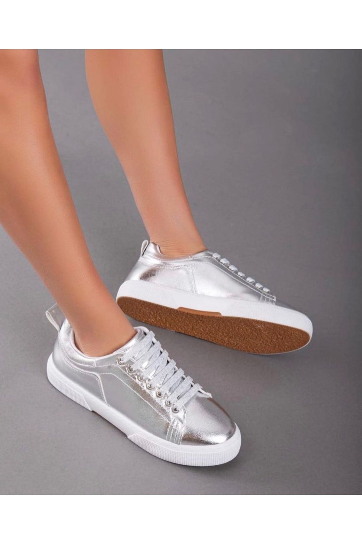 Afilli Kadın Gümüş Parlak Kalın Taban Ortopedik Rahat Günlük Casual Yürüyüş Sneaker Outdoor Spor Ayakkabı