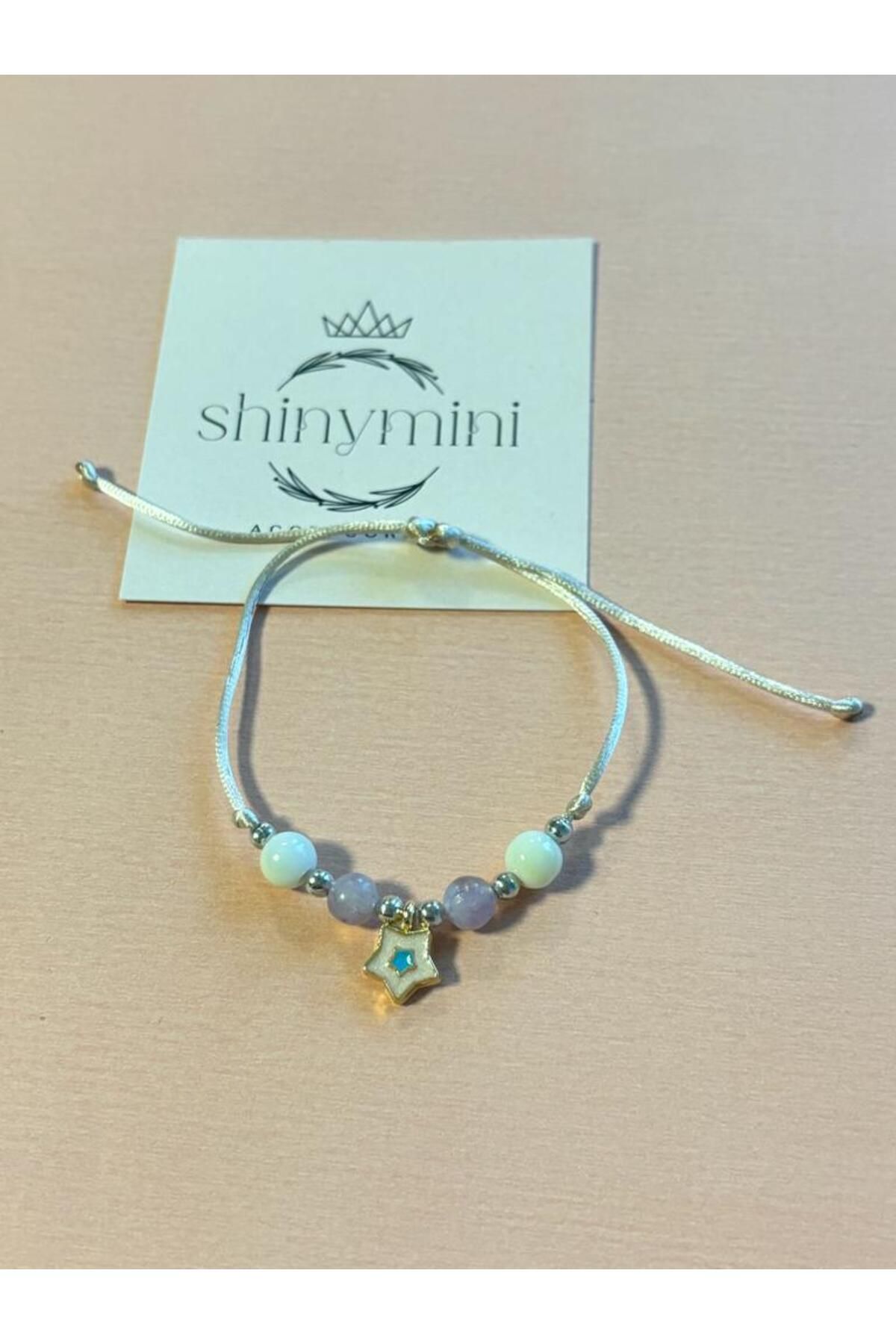 shinymini accessories Özel Tasarım Kız Çocuk Florit Doğaltaşlı Yıldız Detaylı Ayarlanabilir İpli Bileklik